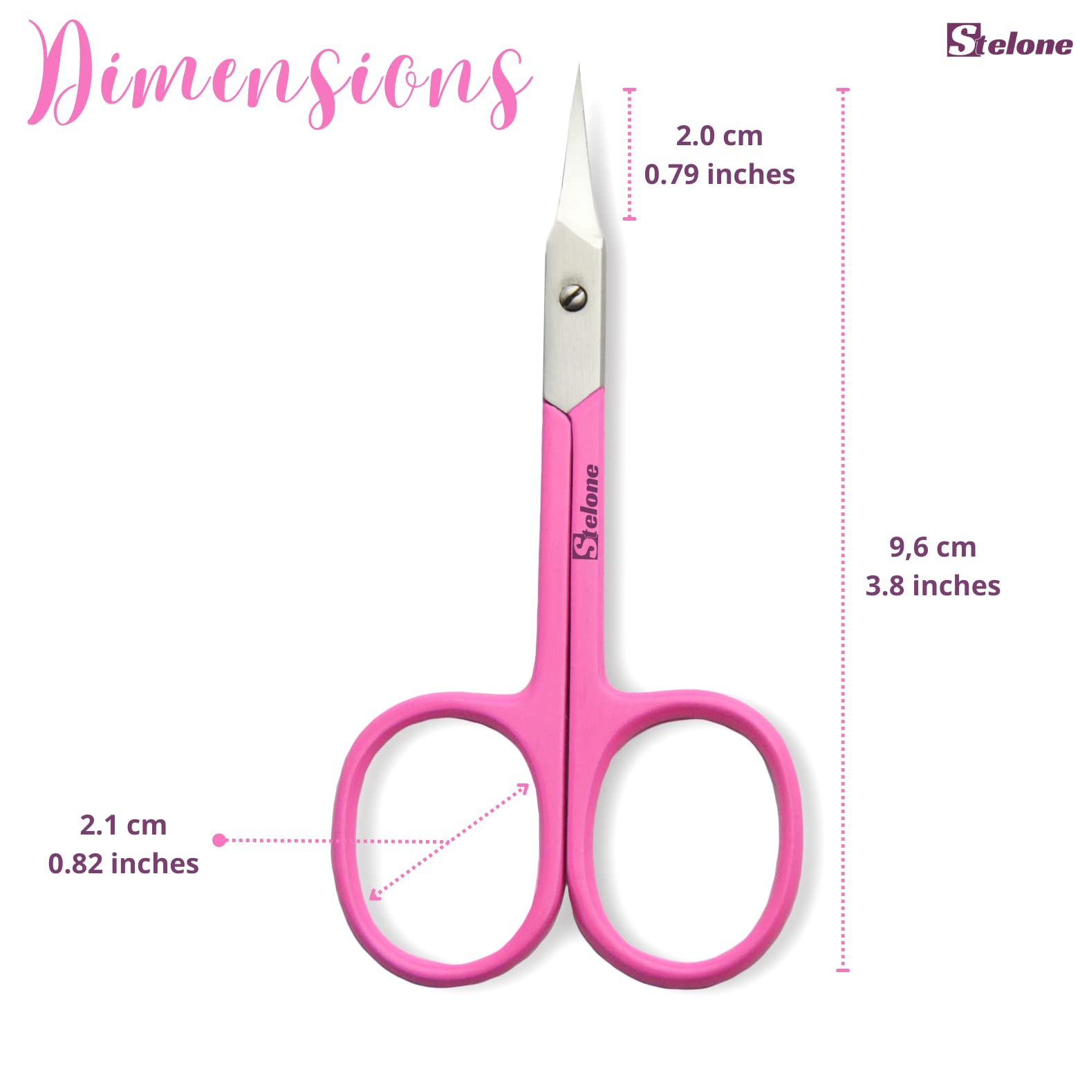 Stelone stainless steel curved scissors placed flat next to a professional manicure kit