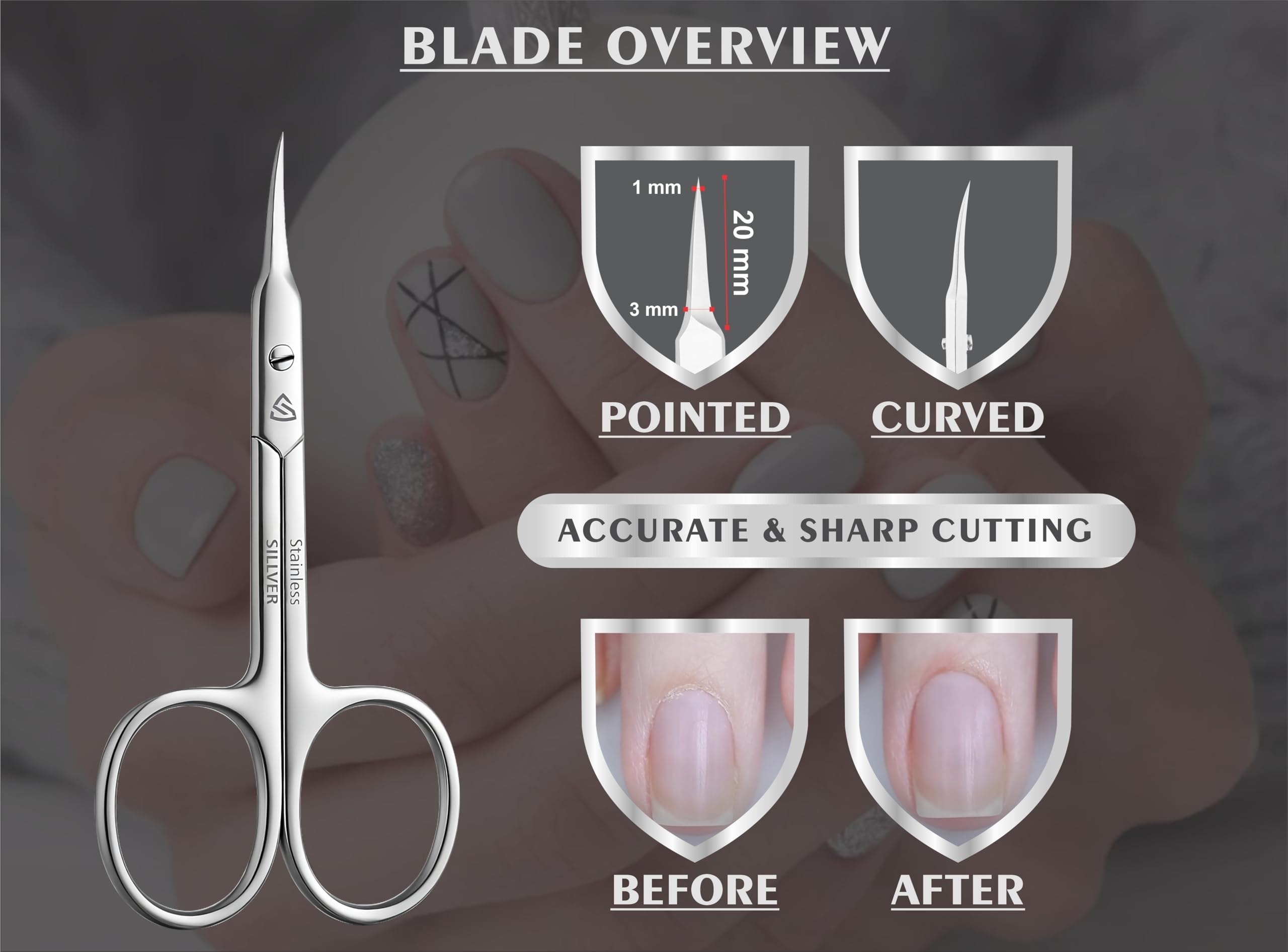 Stainless steel manicure scissors showcasing the polished silver finish and ergonomic handles.