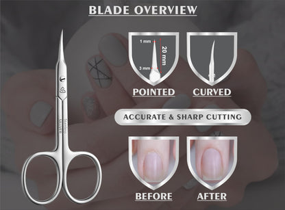 Stainless steel manicure scissors showcasing the polished silver finish and ergonomic handles.