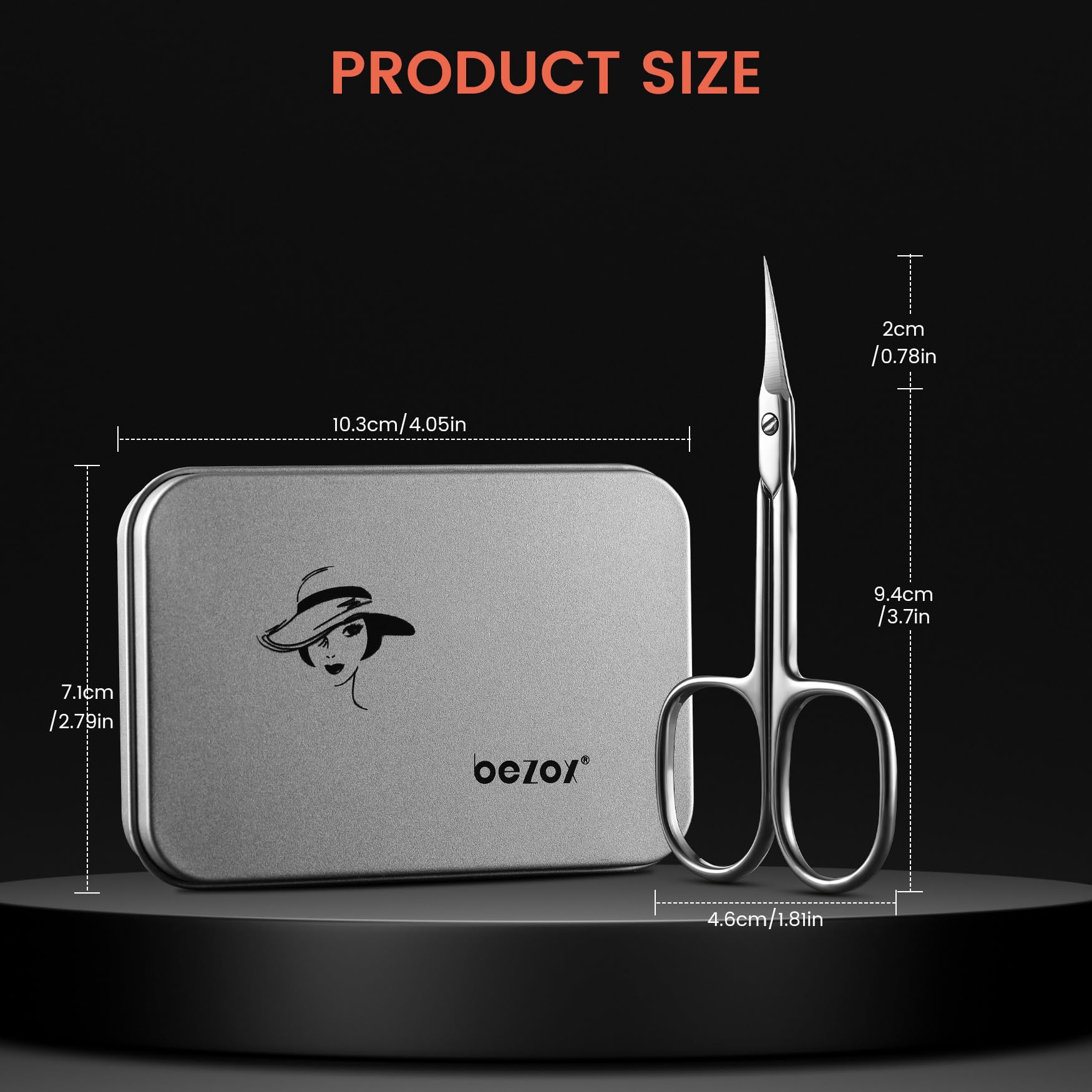 Close up of the extra fine ultra slim curved tip of the BEZOX nail scissor for precision trimming