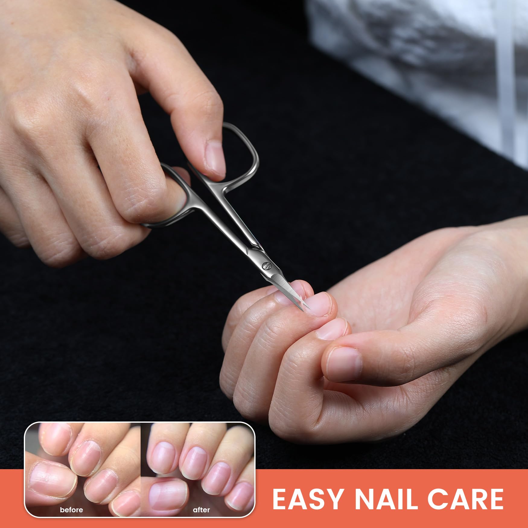 BEZOX cuticle trimmer scissors resting next to a manicured hand to demonstrate proper scale and usage