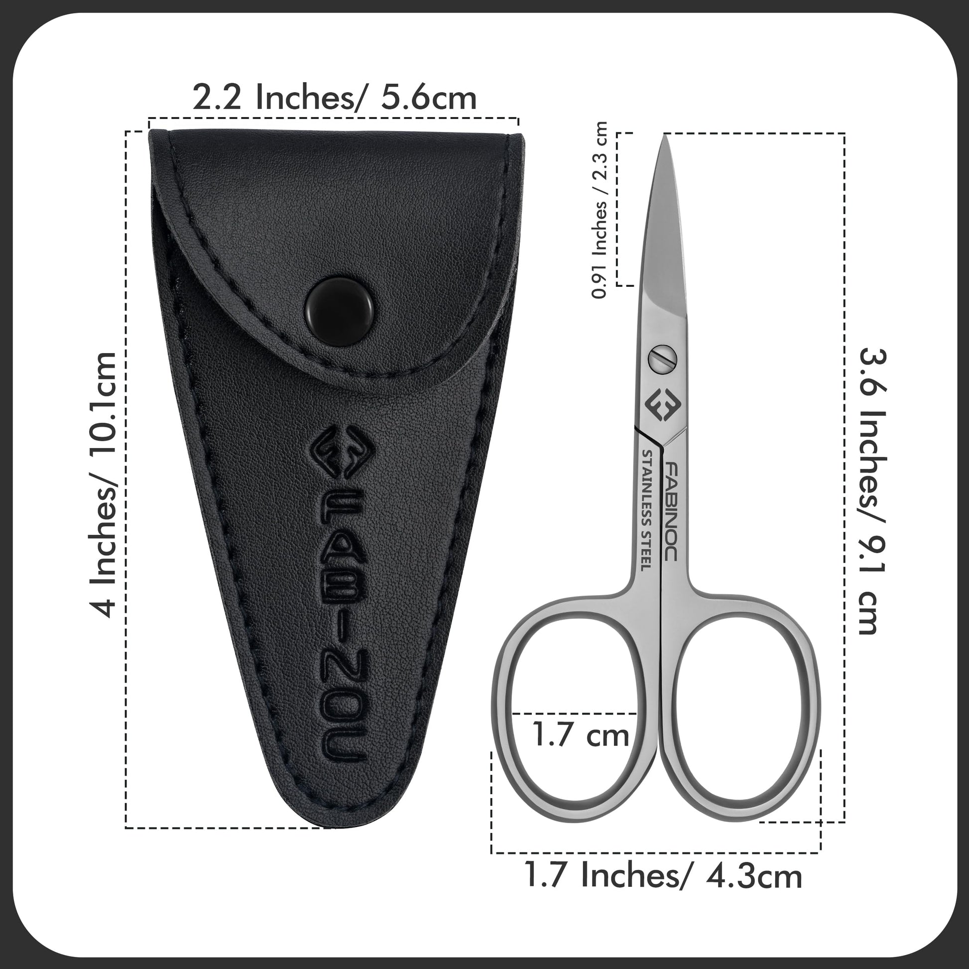 Close up of the ultra sharp curved blades on the FABINOC stainless steel scissors