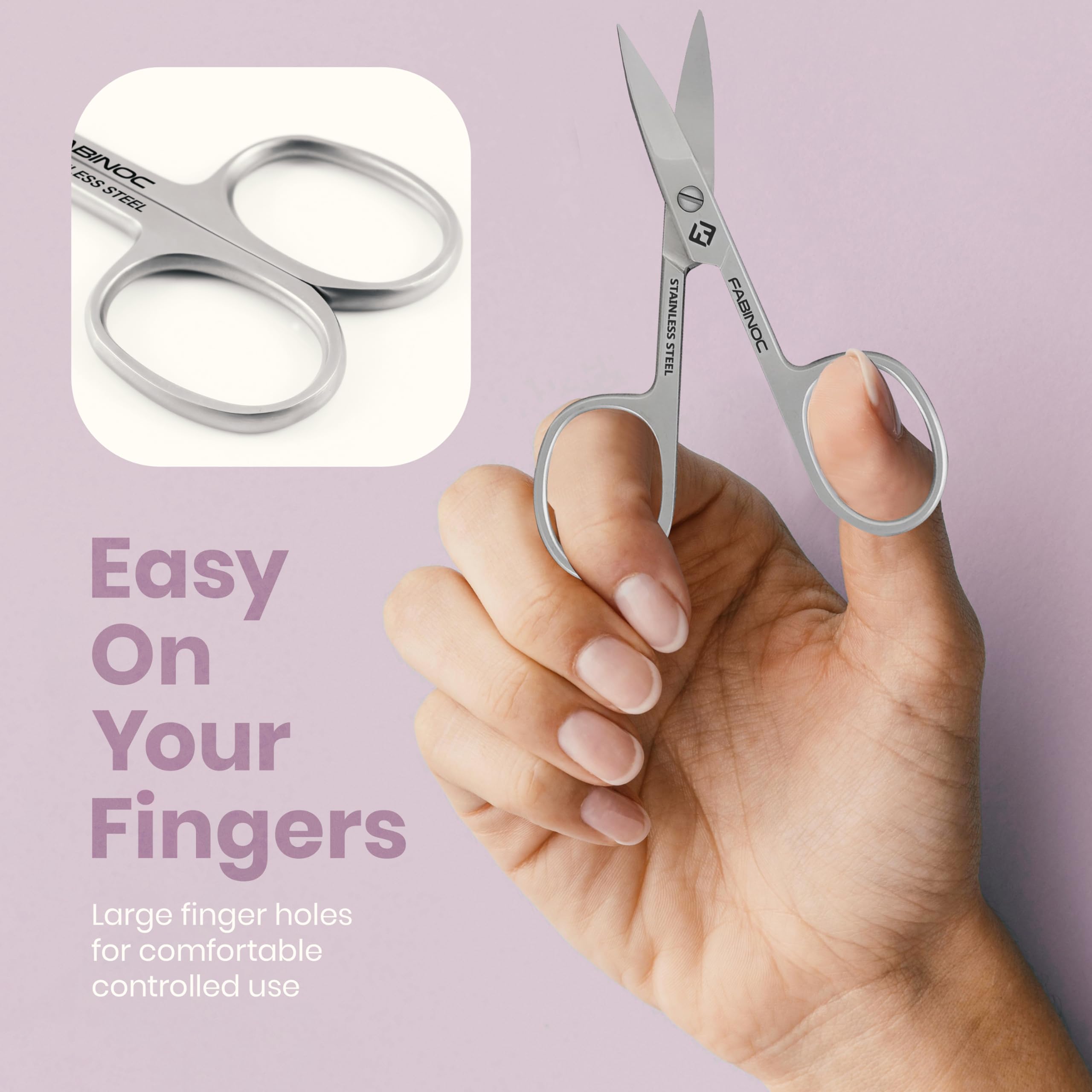 FABINOC curved pedicure scissors showing the comfortably large finger holes design