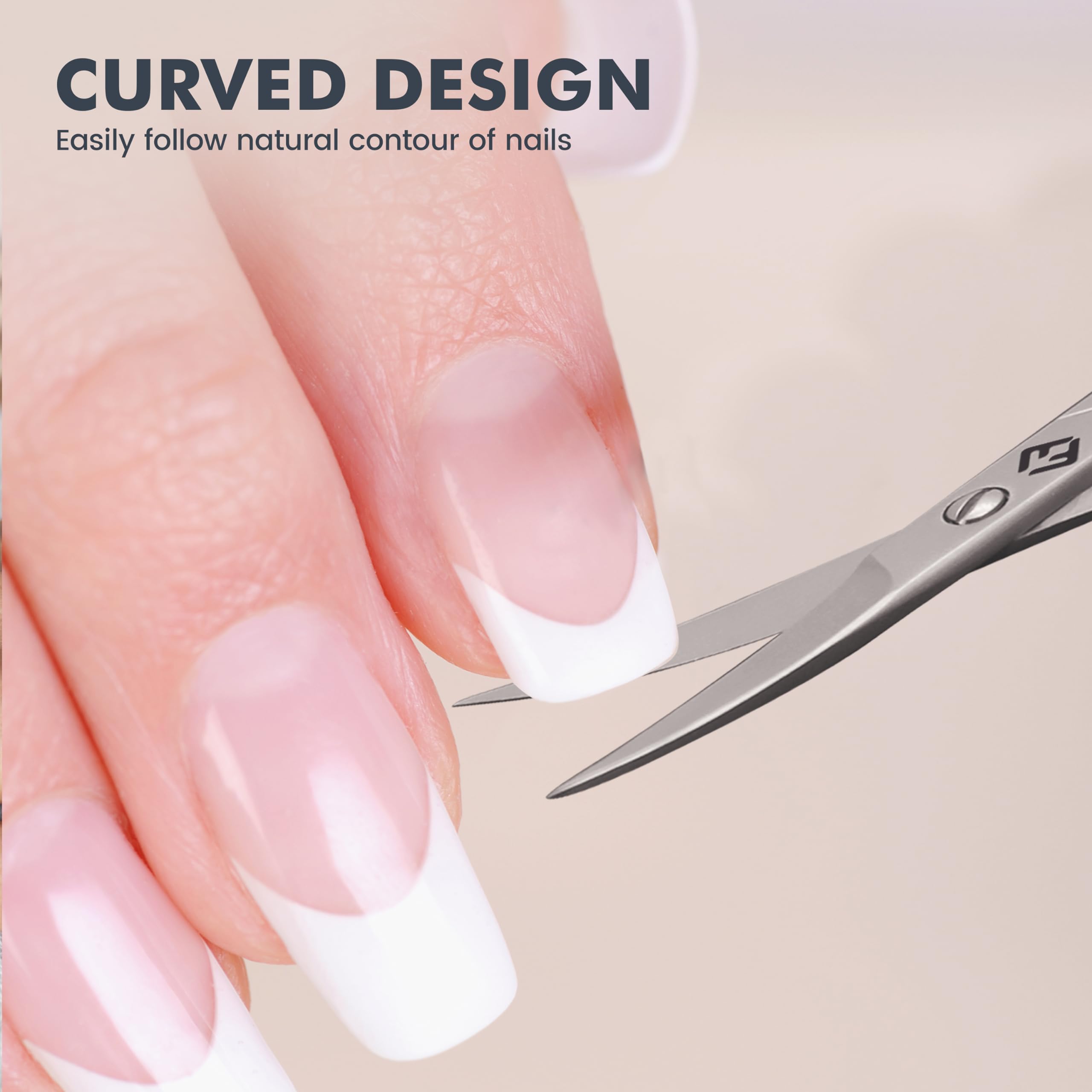 Premium matte sandblast finish on the FABINOC curved manicure and eyebrow scissors