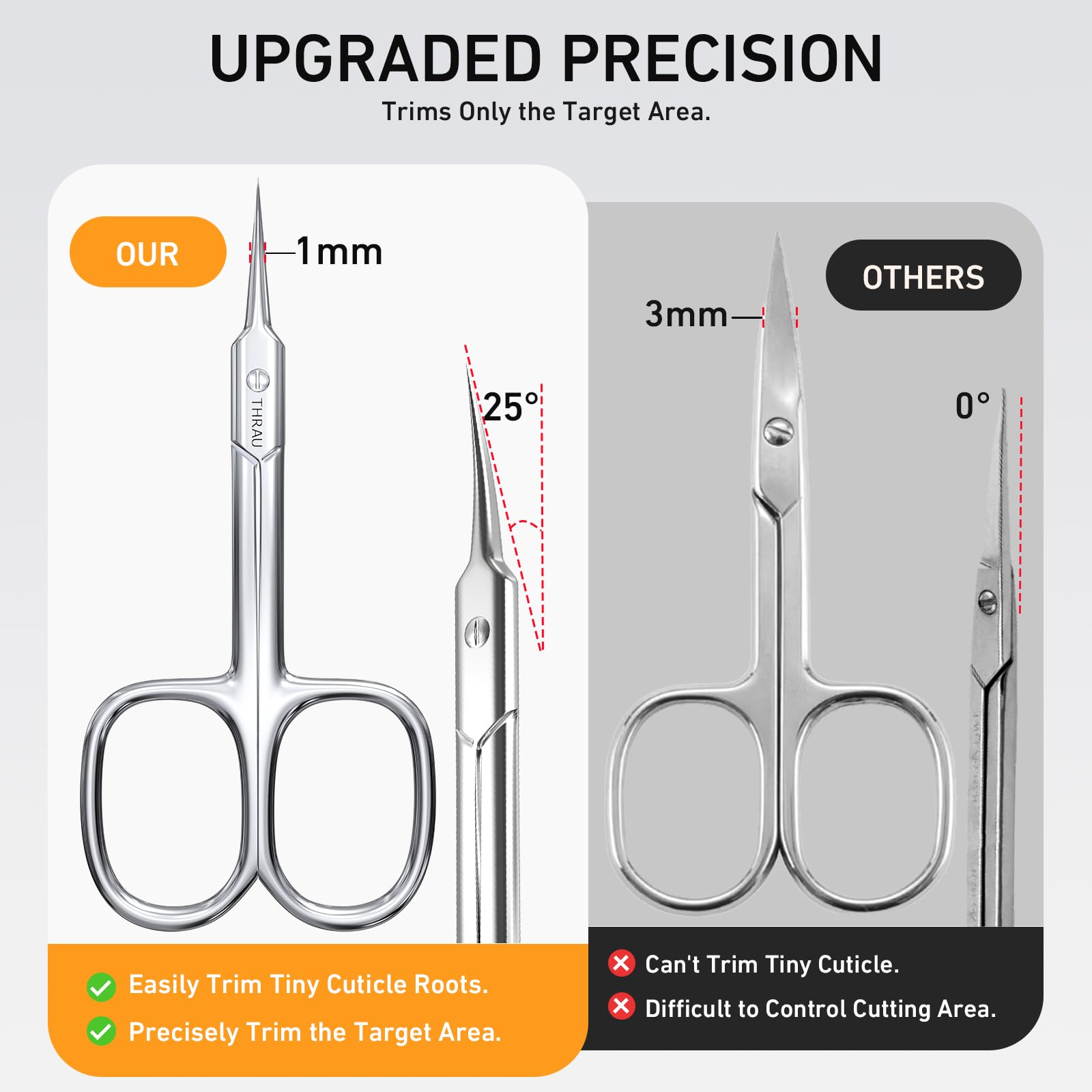 THRAU extra fine stainless steel manicure scissors close up on pointed tip