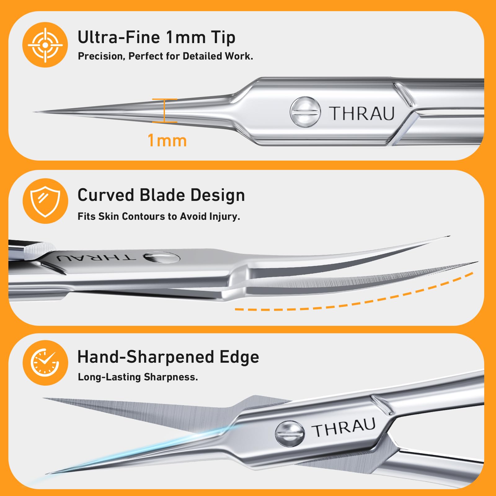 THRAU precision cuticle scissors being used for professional nail care