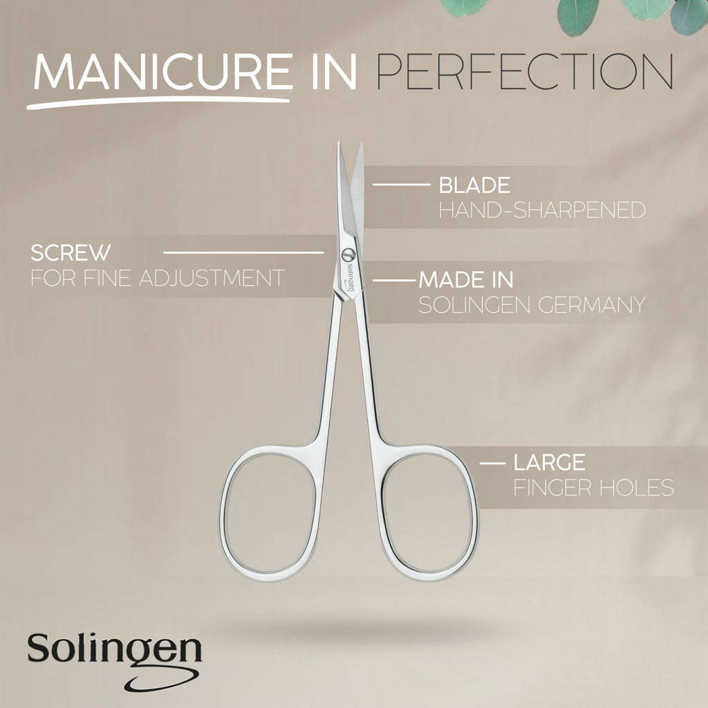 Close up of the hand sharpened curved tip on the marQus manicure scissors for precise cuticle trimming.