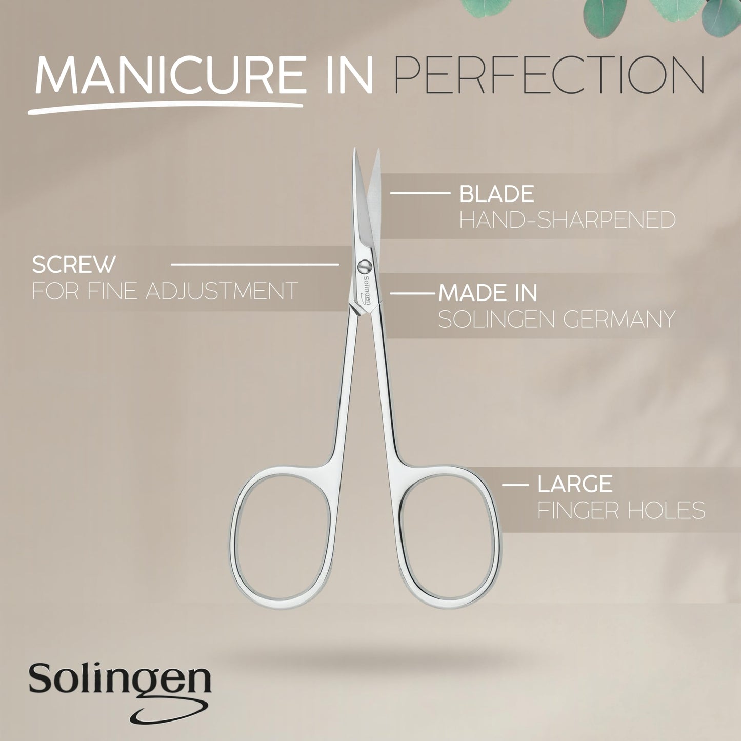Close up of the hand sharpened curved tip on the marQus manicure scissors for precise cuticle trimming.