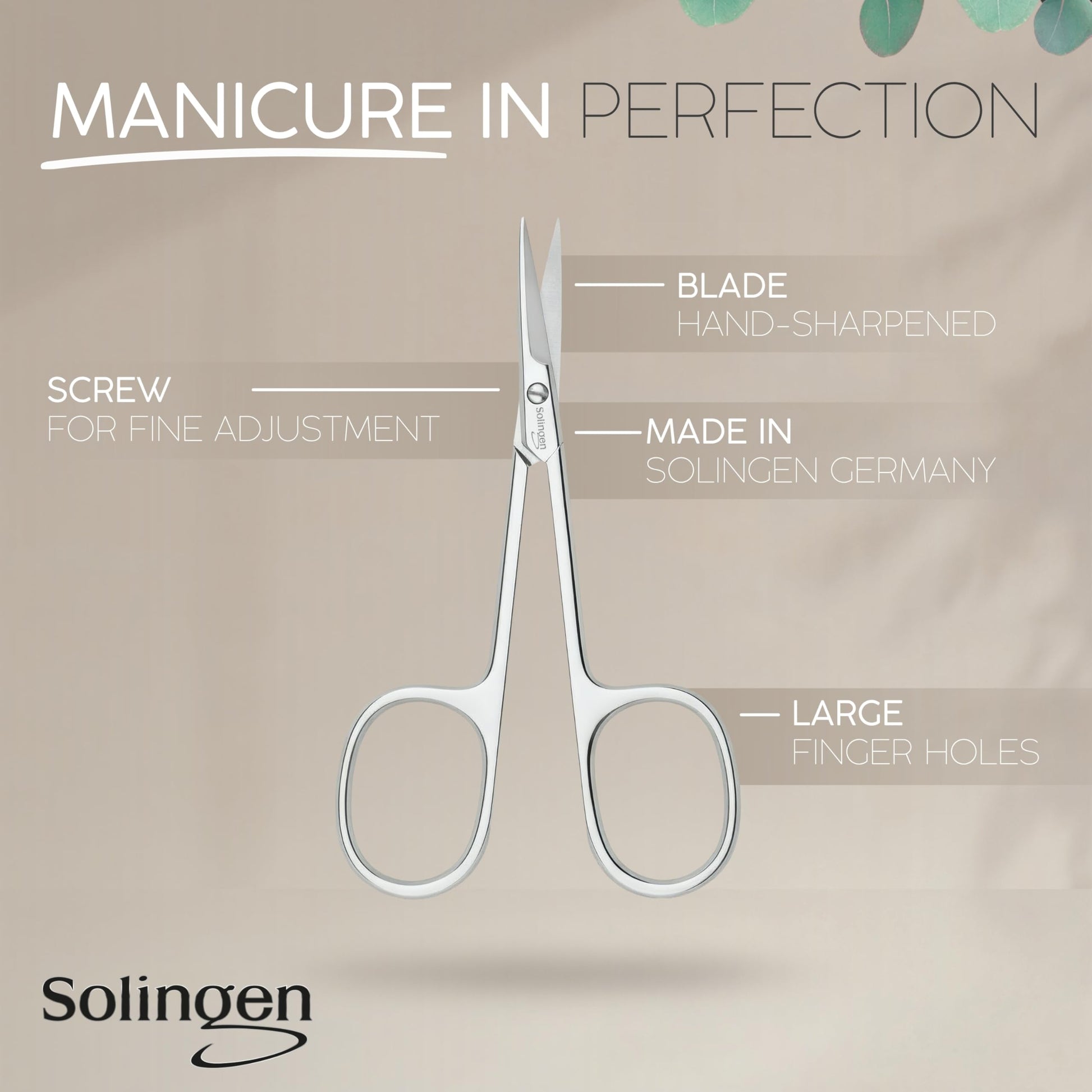 Close up of the hand sharpened curved tip on the marQus manicure scissors for precise cuticle trimming.