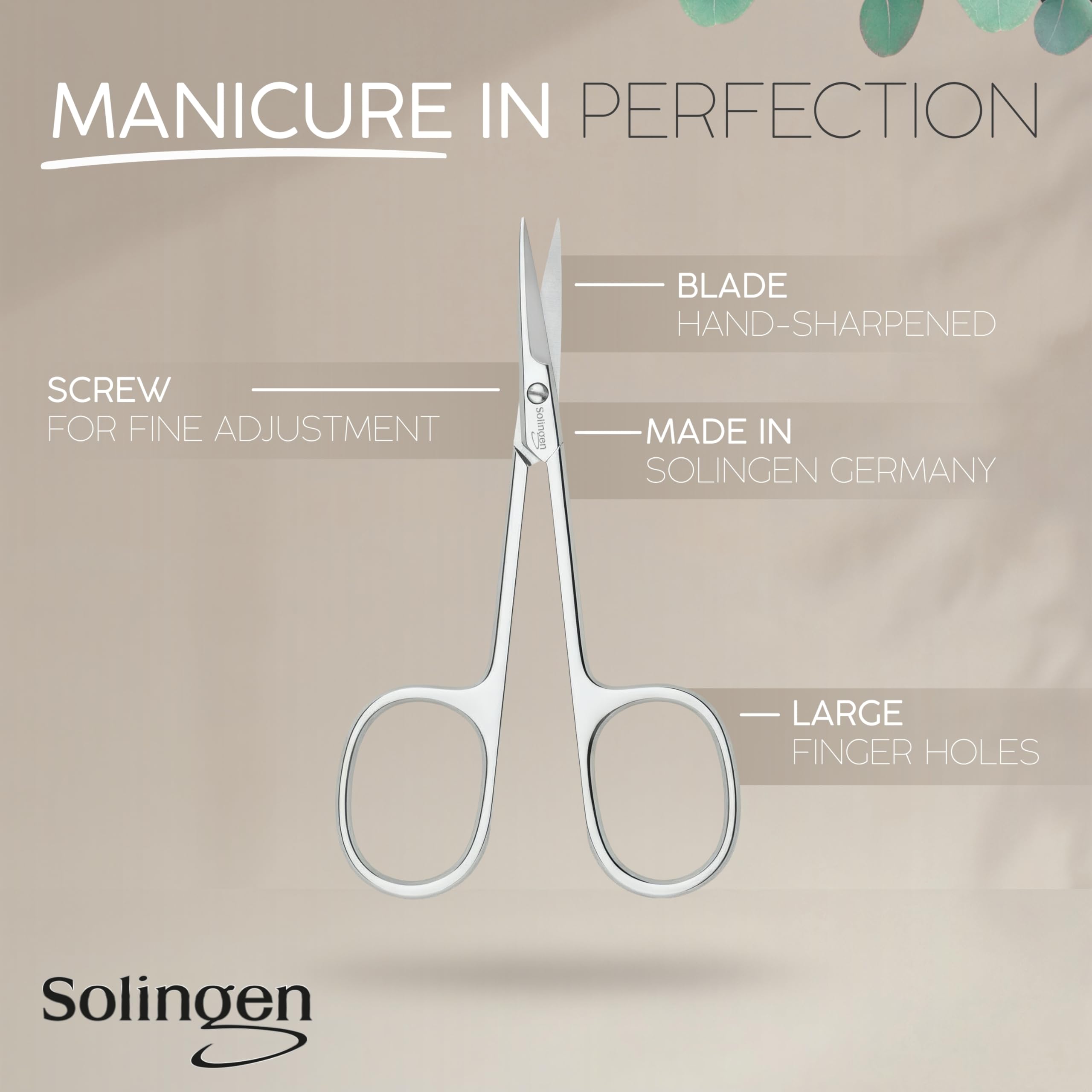 Close up of the hand sharpened curved tip on the marQus manicure scissors for precise cuticle trimming.