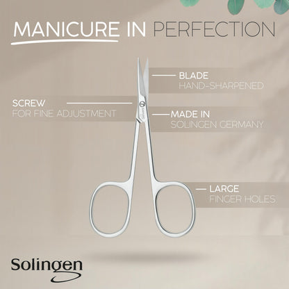 Close up of the hand sharpened curved tip on the marQus manicure scissors for precise cuticle trimming.