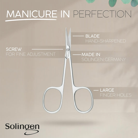 Close up of the hand sharpened curved tip on the marQus manicure scissors for precise cuticle trimming.