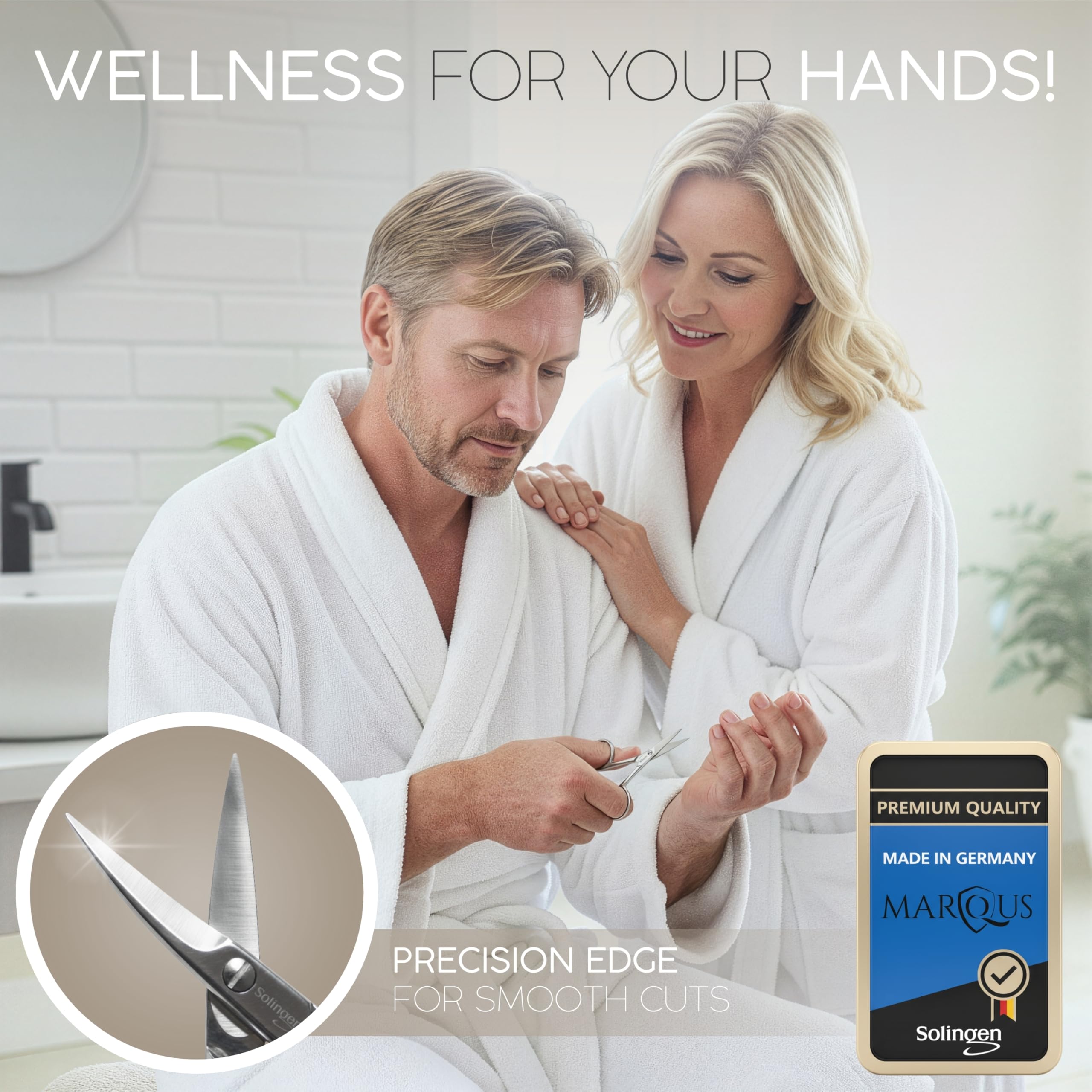 Professional manicure and pedicure scissors by marQus displayed inside the open brown imitation leather pouch.