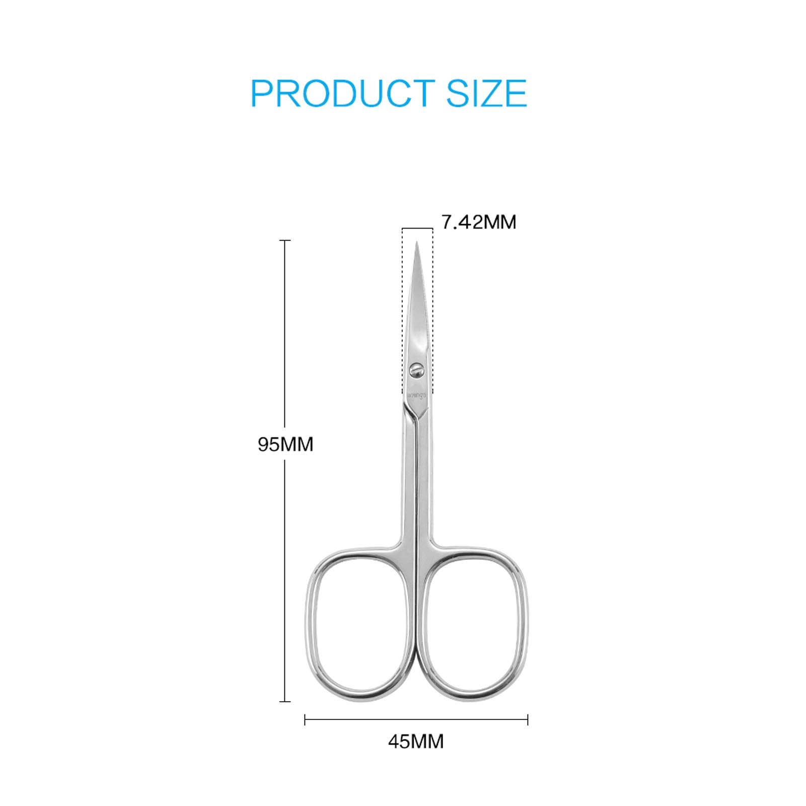 Close up of the precise seven point four two millimeter curved tip on LIVINGO cuticle scissors