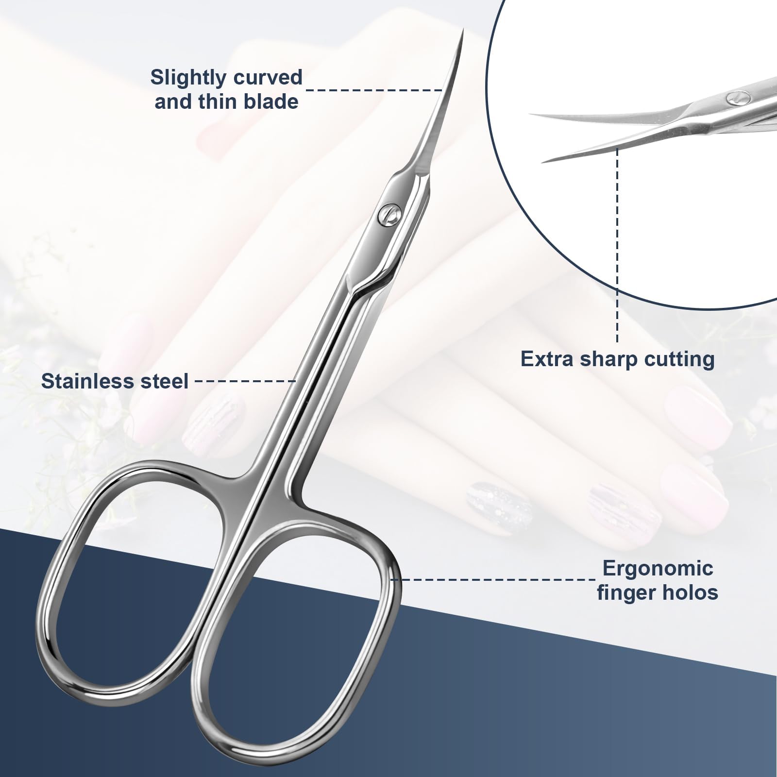 Close up of CGBE silver stainless steel grooming scissors for precise nail care detailing.