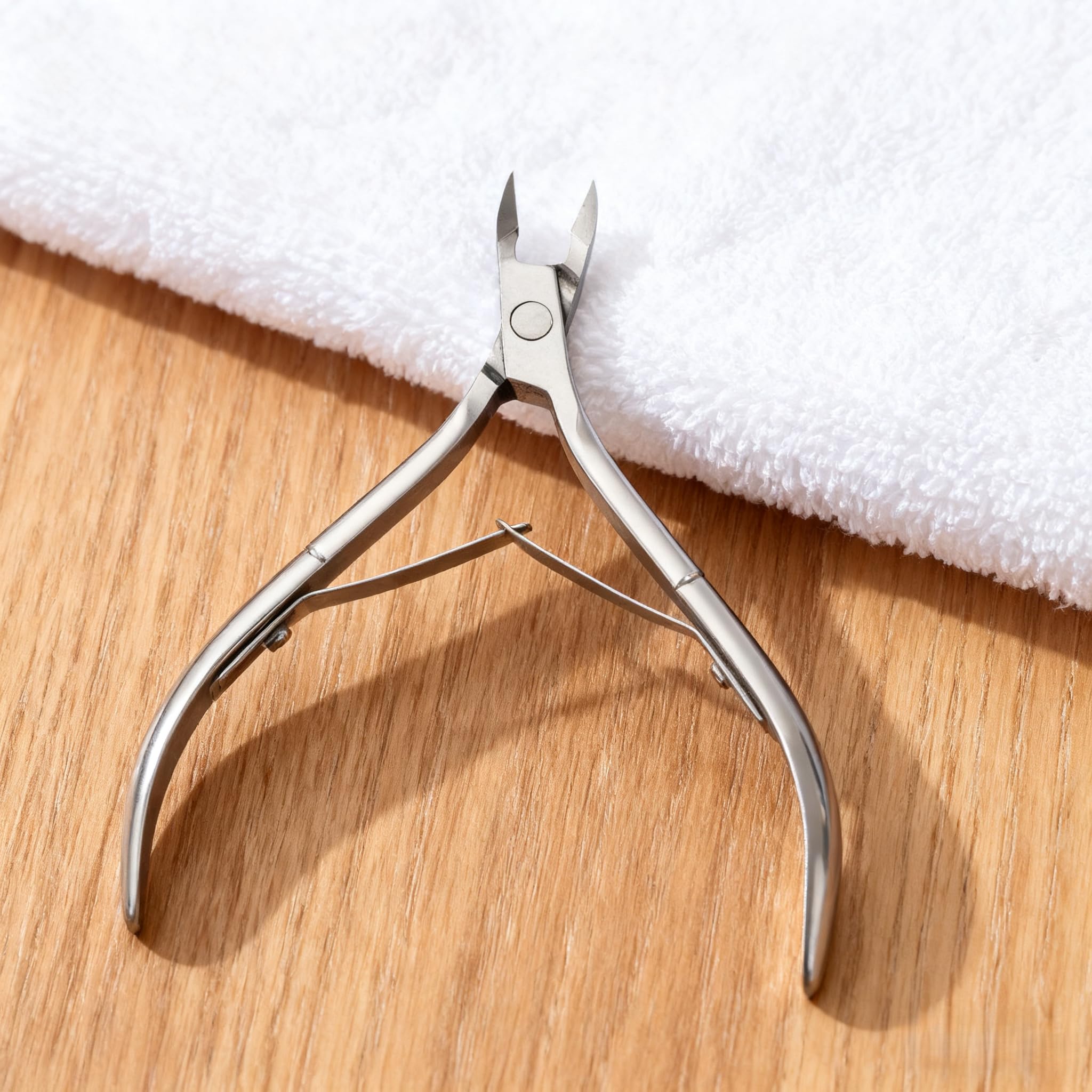 Side profile of the ergonomic salon-grade cuticle nipper illustrating the comfortable hand grip.