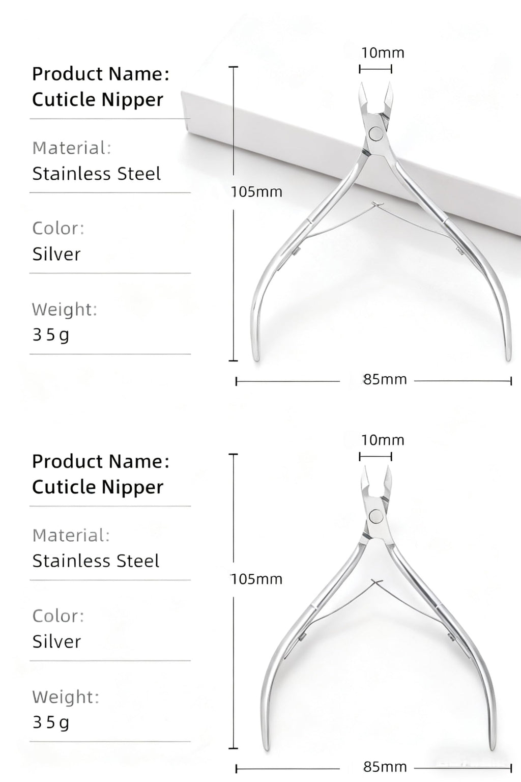 Durable silver cuticle clippers positioned safely on a clean salon workstation background.