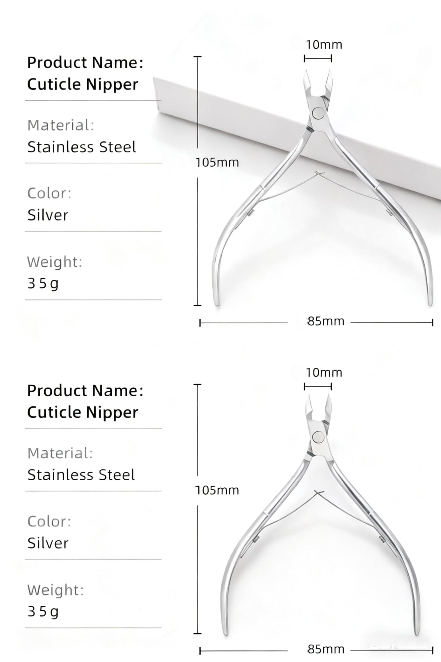 Durable silver cuticle clippers positioned safely on a clean salon workstation background.