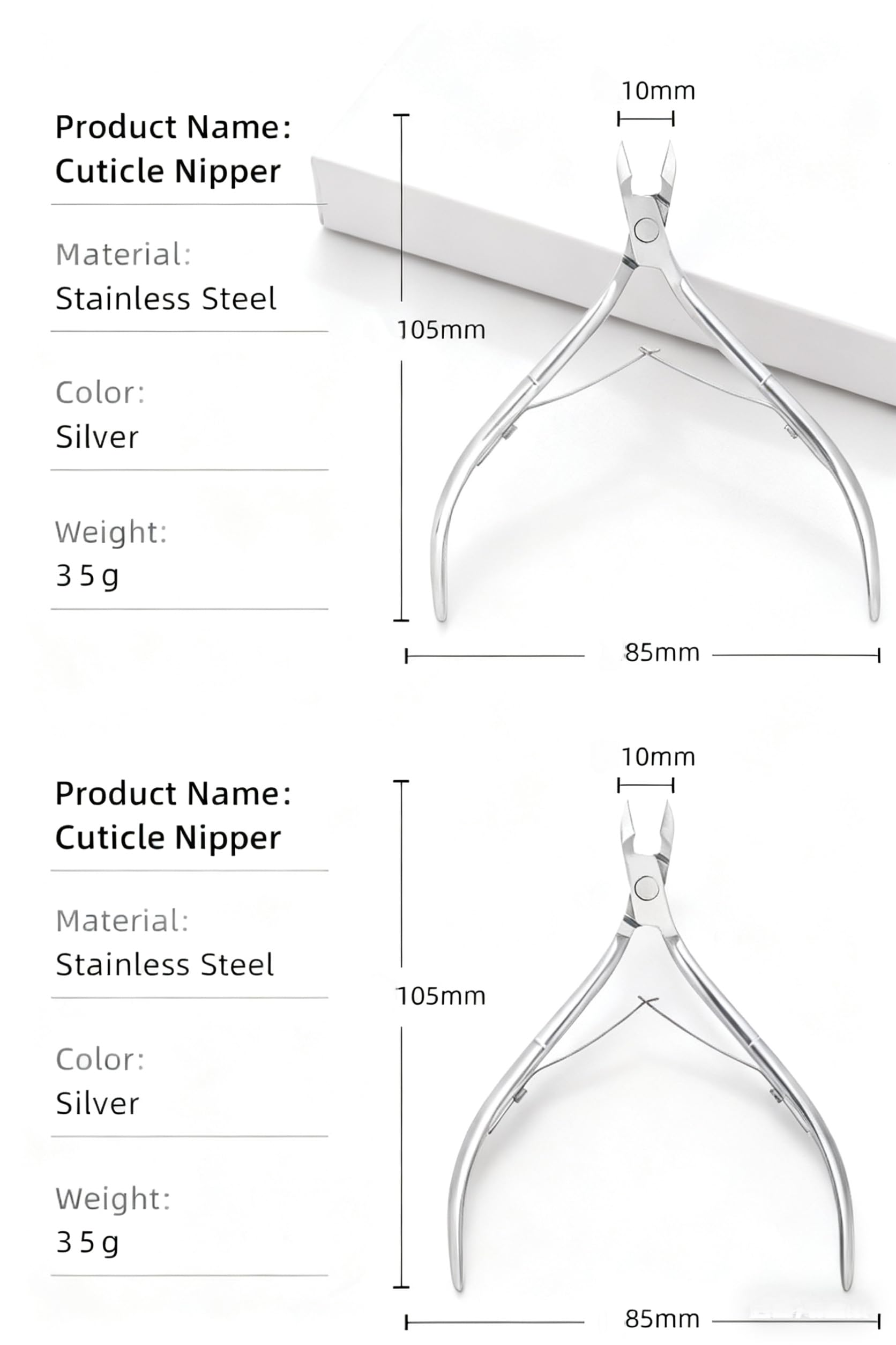 Durable silver cuticle clippers positioned safely on a clean salon workstation background.