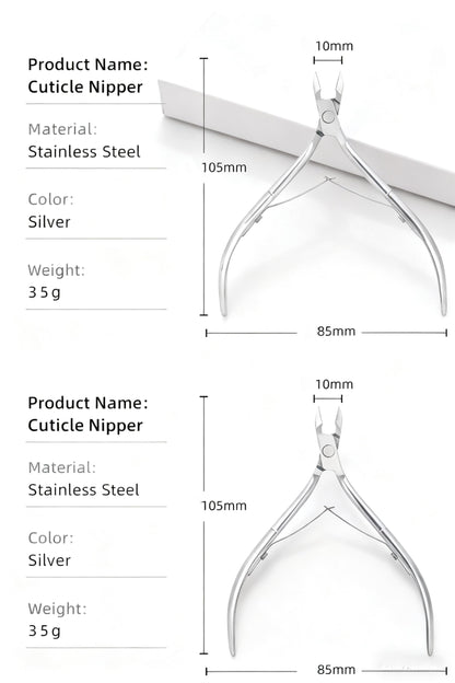 Durable silver cuticle clippers positioned safely on a clean salon workstation background.
