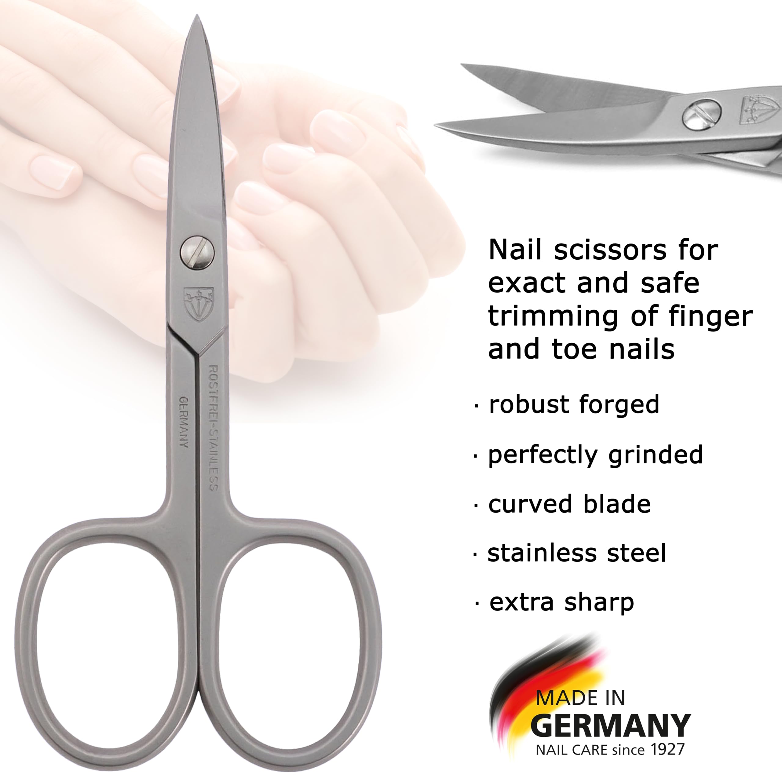 Close up view of the premium German Inox curved blades for precise manicure grooming
