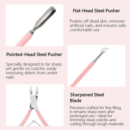 Precision cuticle pusher and trimmer set for manicure