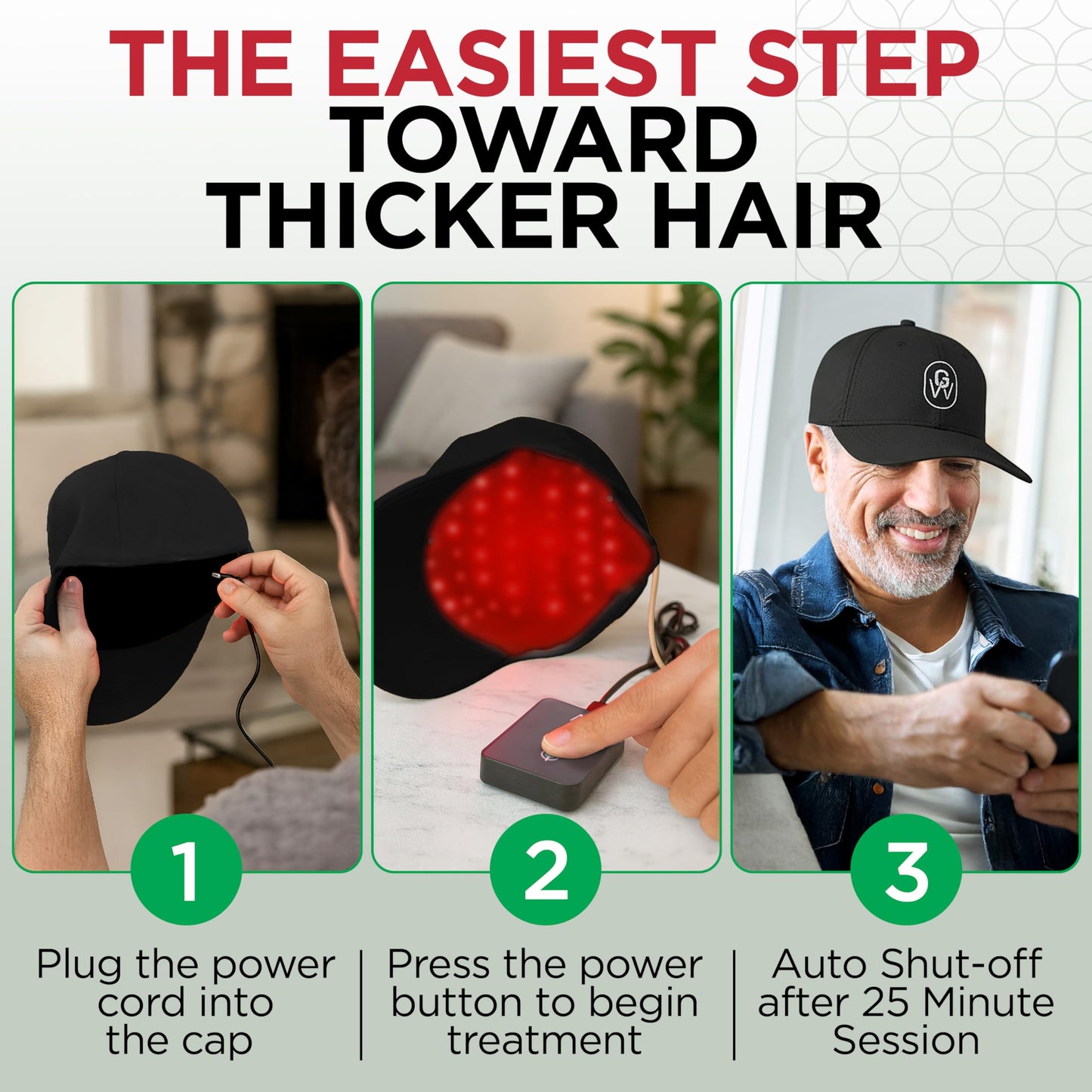 Person wearing GroWell red light therapy cap at home