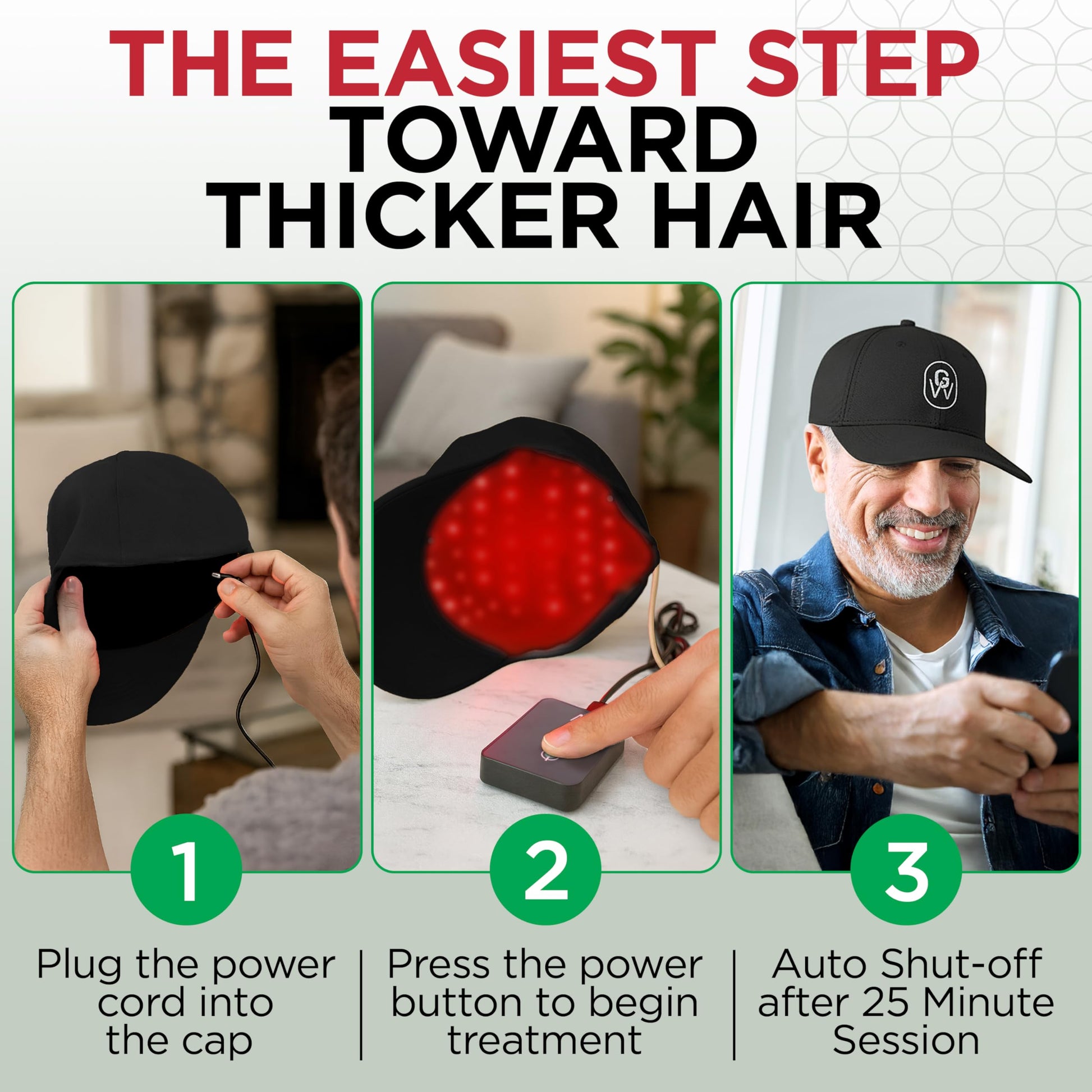 Person wearing GroWell red light therapy cap at home