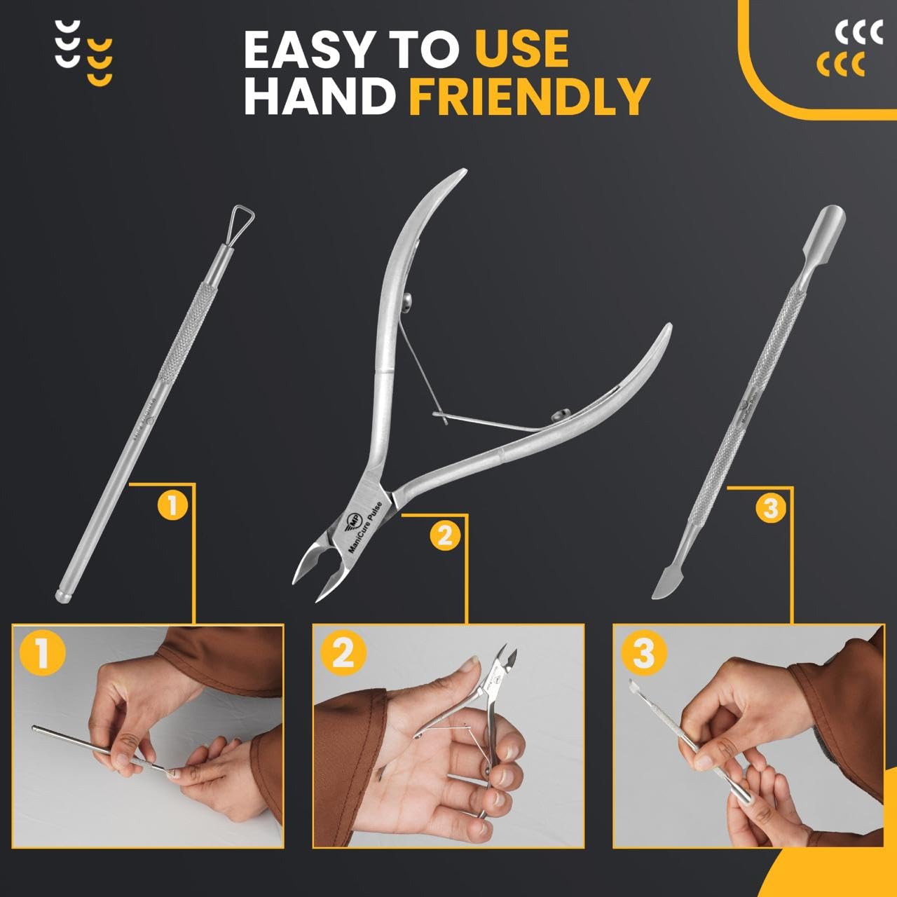 Hand holding Manicure Pulse professional cuticle trimmer for precision use