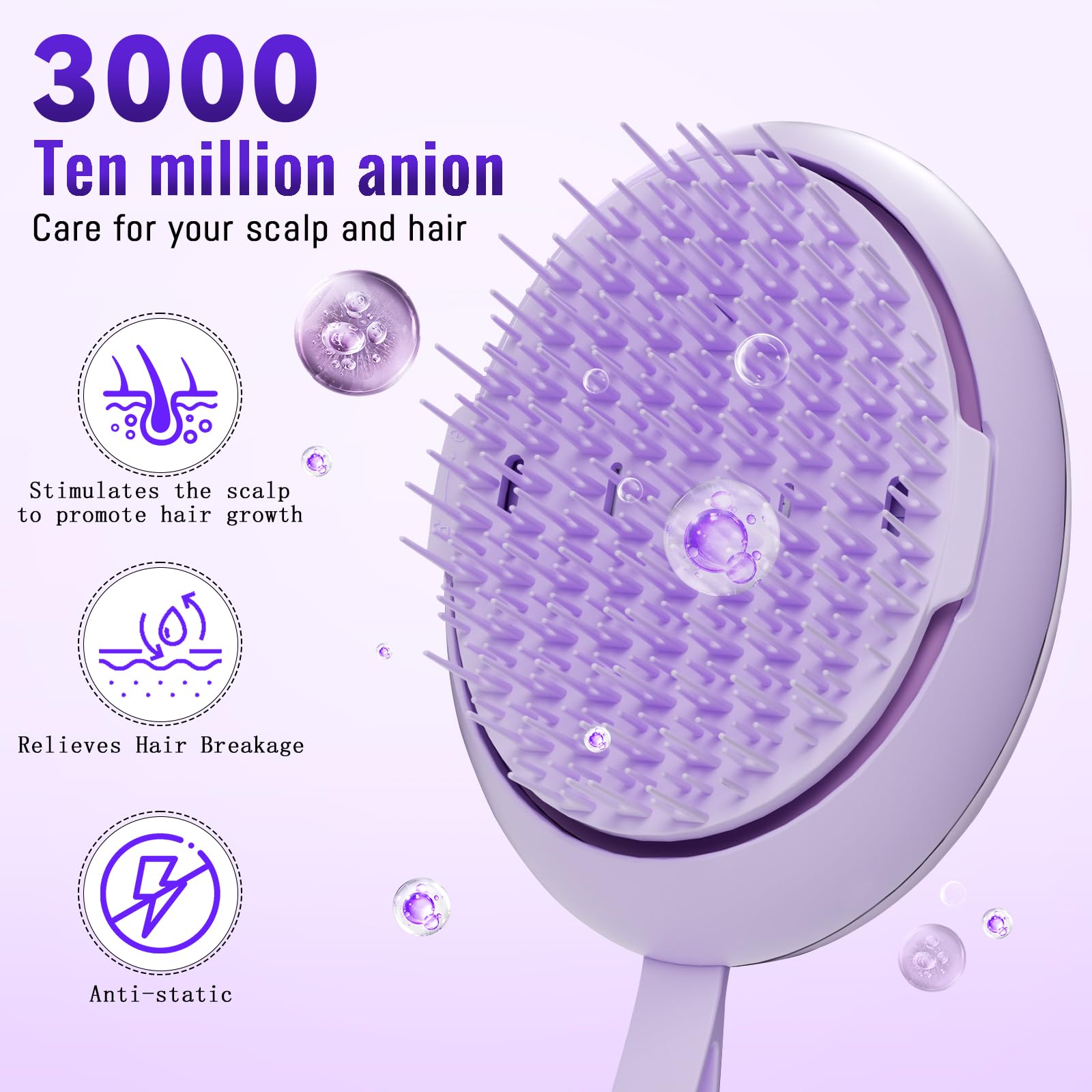 Negative ion hair brush for reduced static and shine