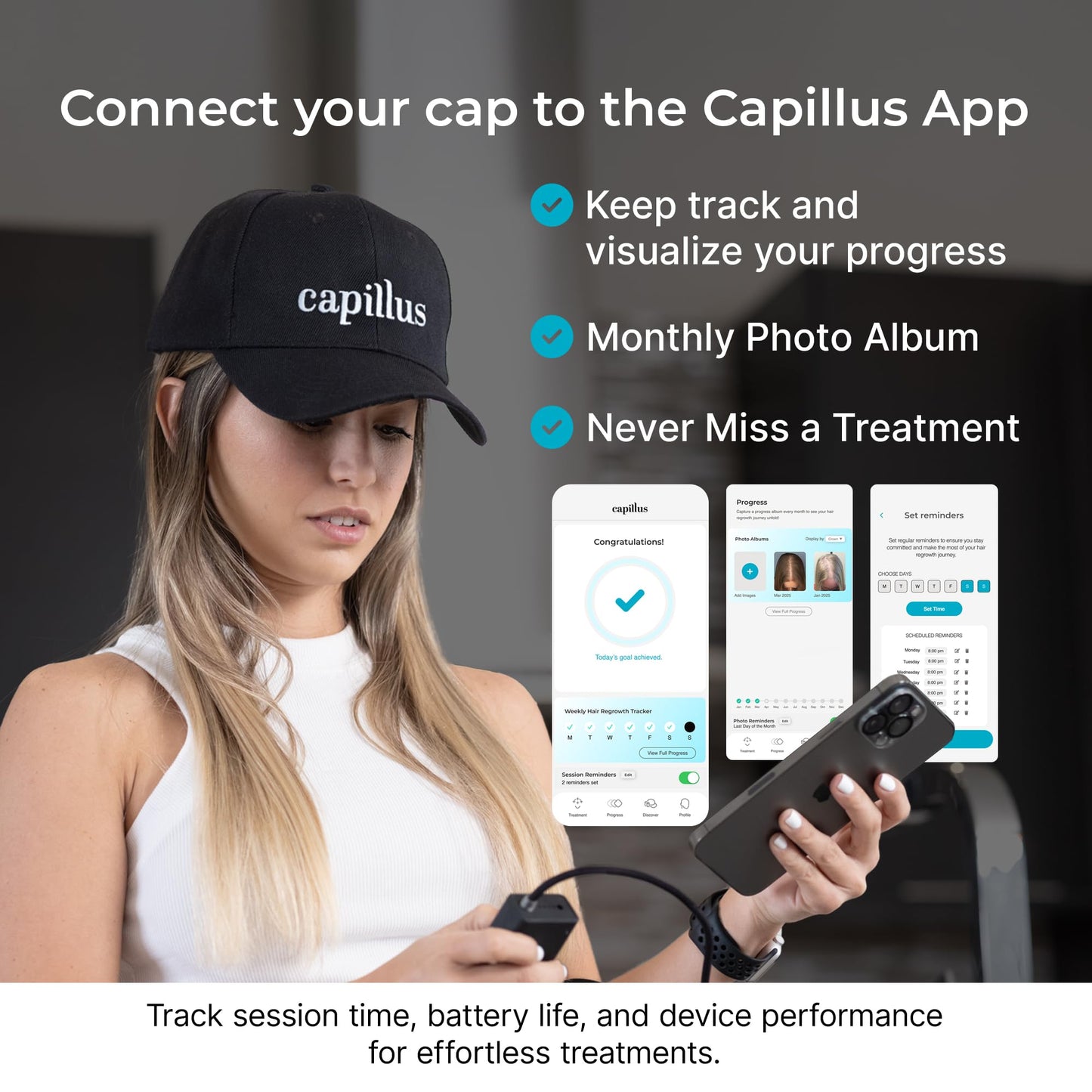 Smartphone app interface for Capillus hair growth tracking
