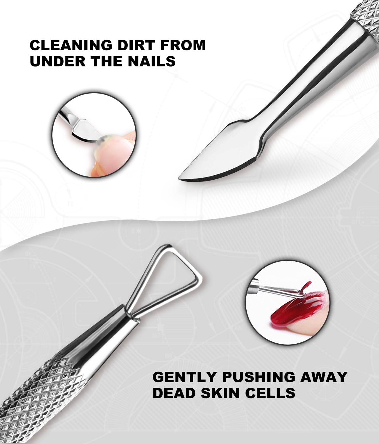 Top down view of Illfer stainless steel nail care tools in case