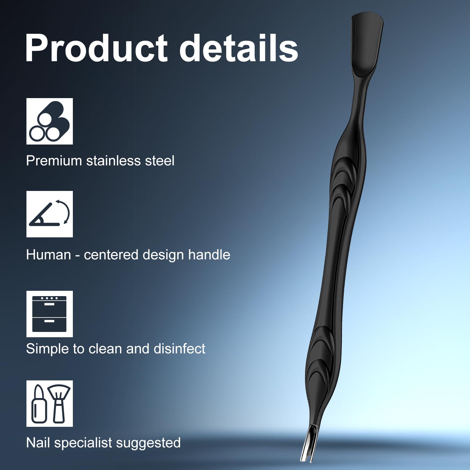 Close up of stainless steel cuticle pusher spoon end