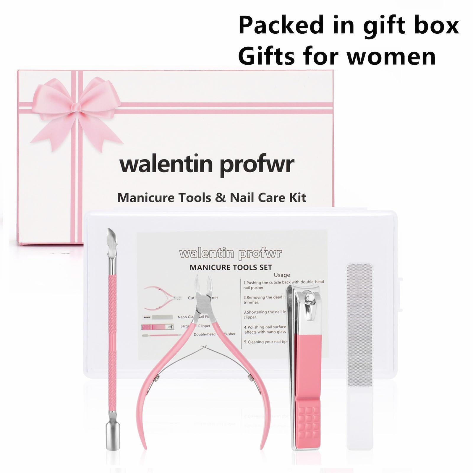 Walentin Profwr glass nail file and nail clipper set top view.