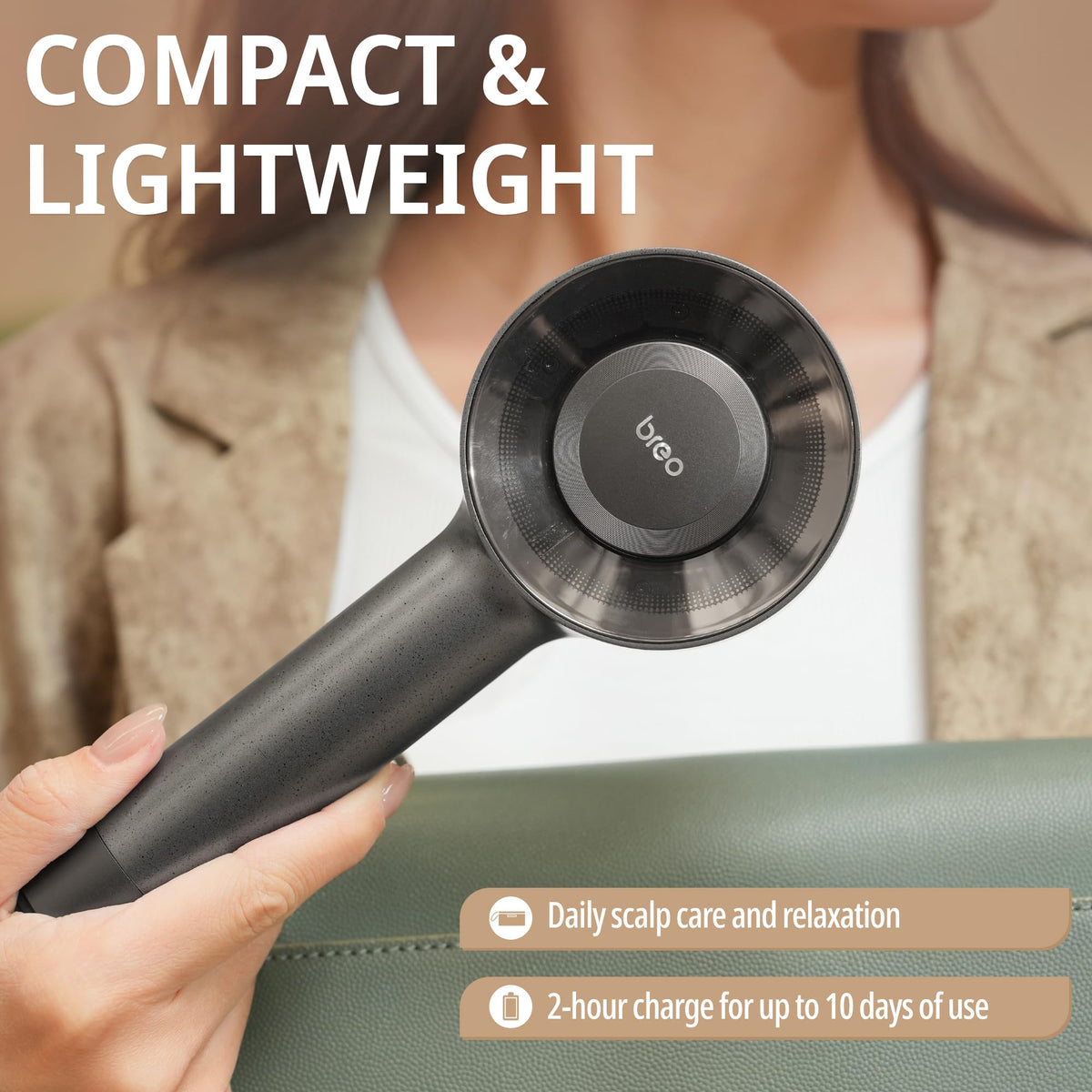 Packaging and unit of Breo Scalp 3L laser massager ready for use