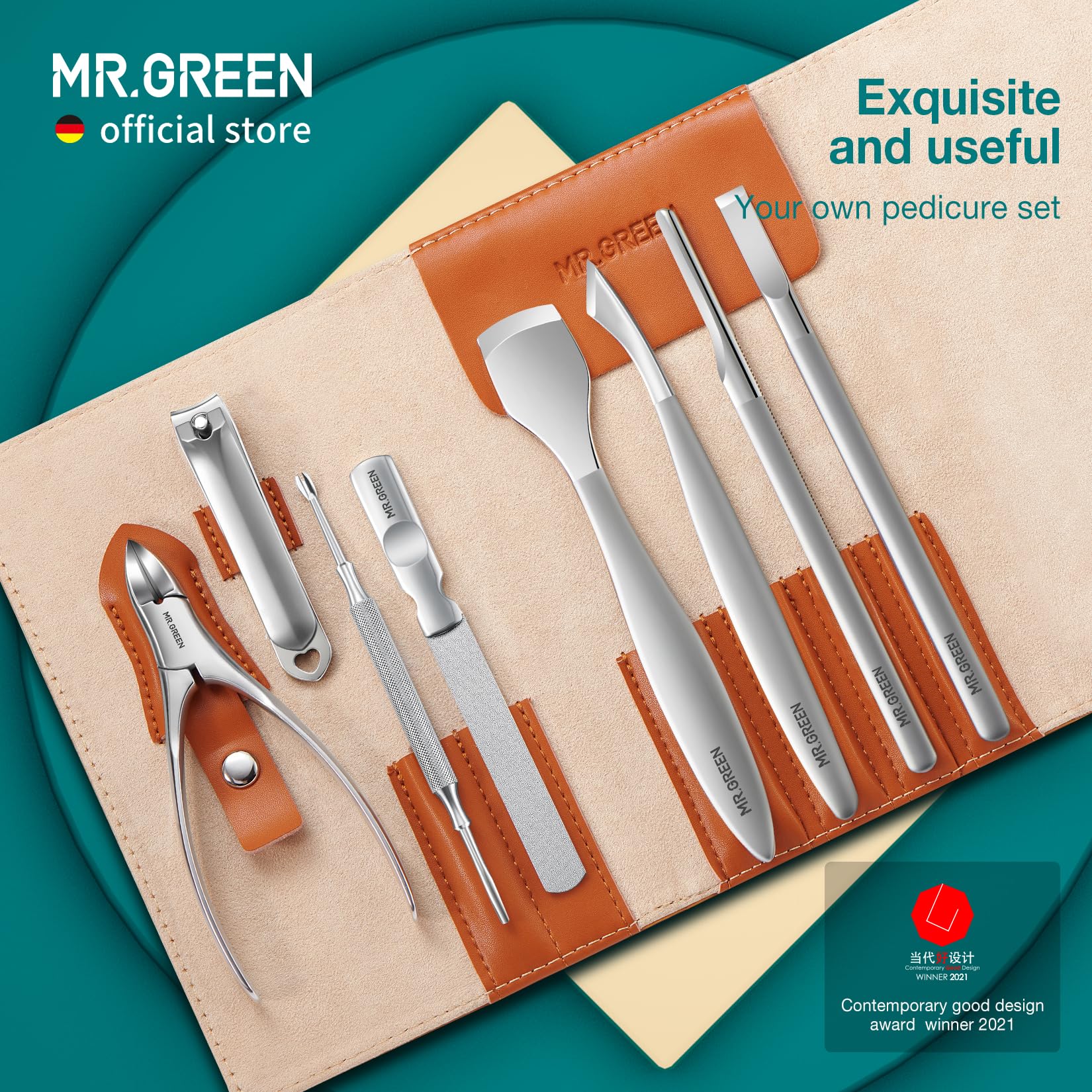 Close up of Mr. Green stainless steel cuticle nippers and tools