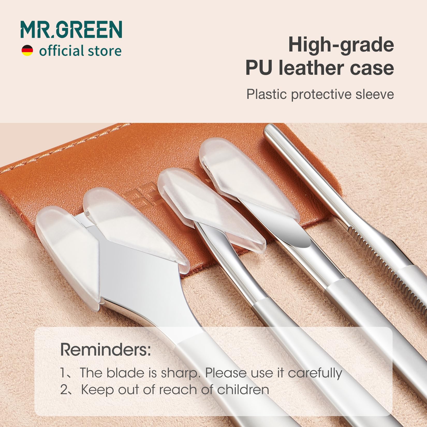 Professional foot care instruments inside leather storage case