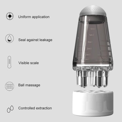 Scalp massager root comb bottle showing measurement scale
