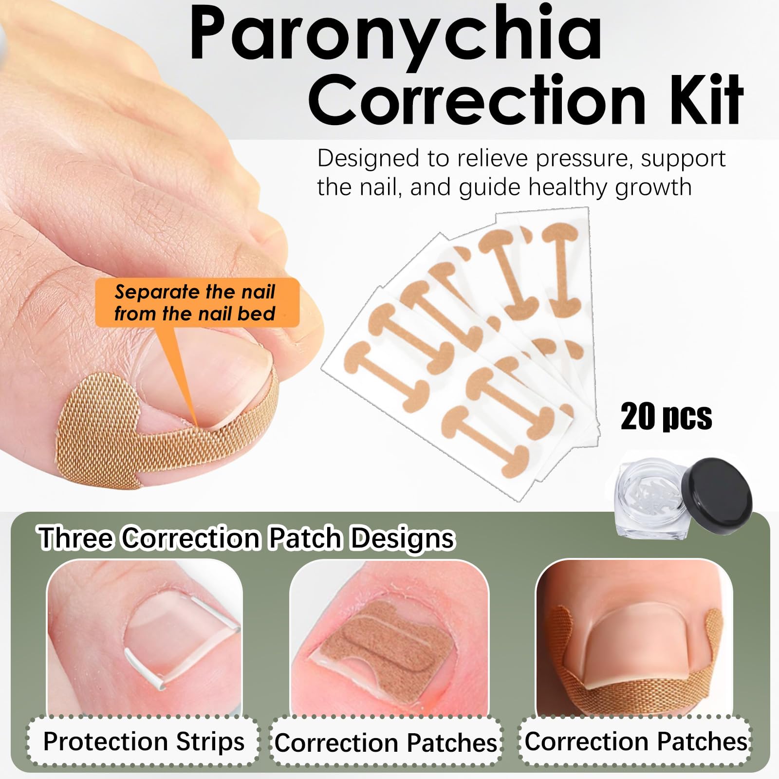 Close up view of the breathable ingrown toenail strips and curved patches included in the home treatment set.