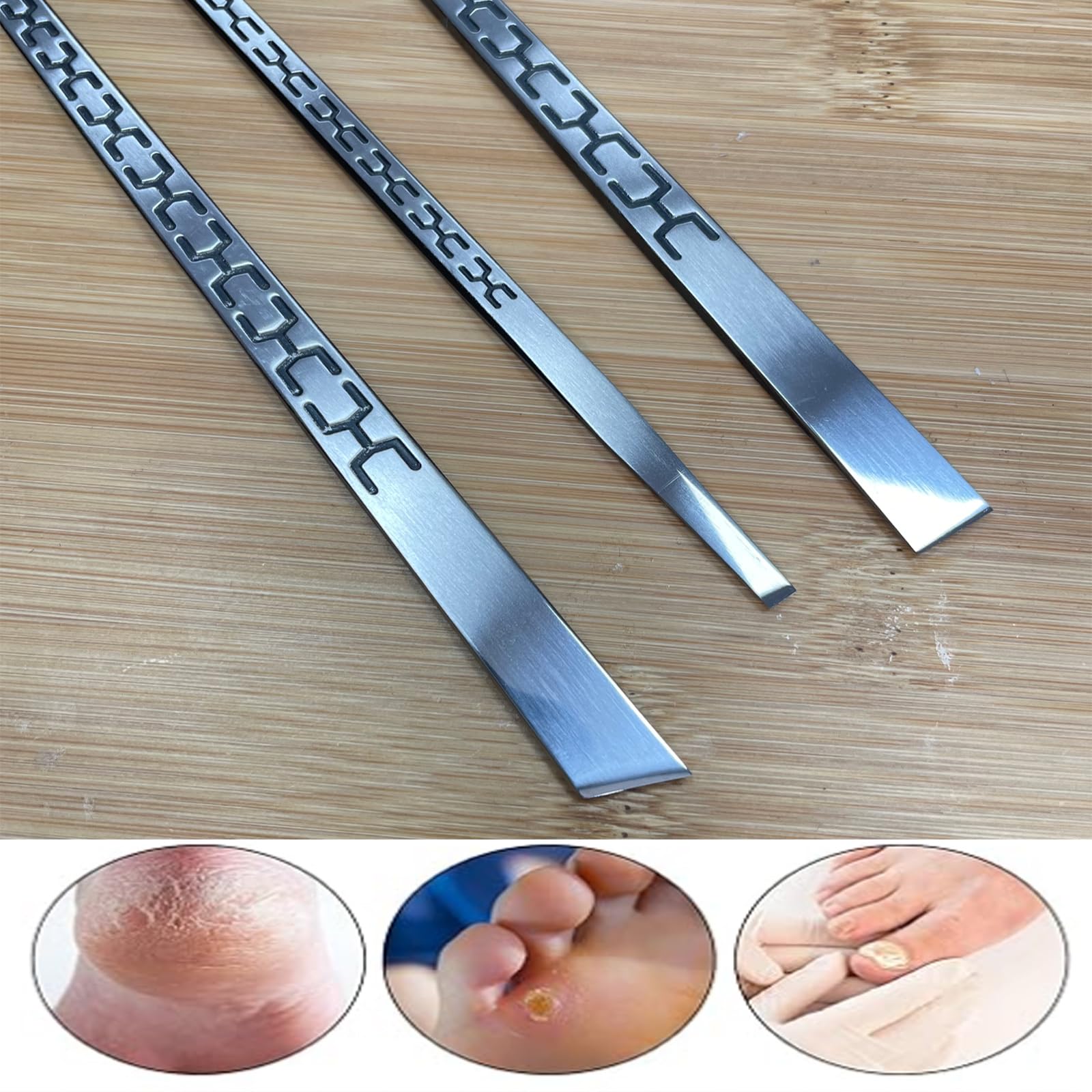 Close up of sharp stainless steel pedicure blade kit