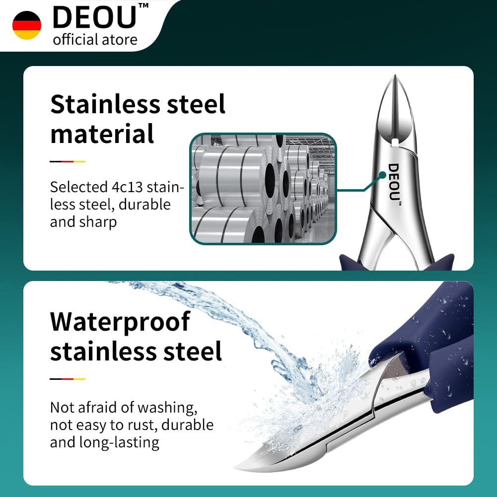 Side profile of DEOU toenail clippers showing internal spring