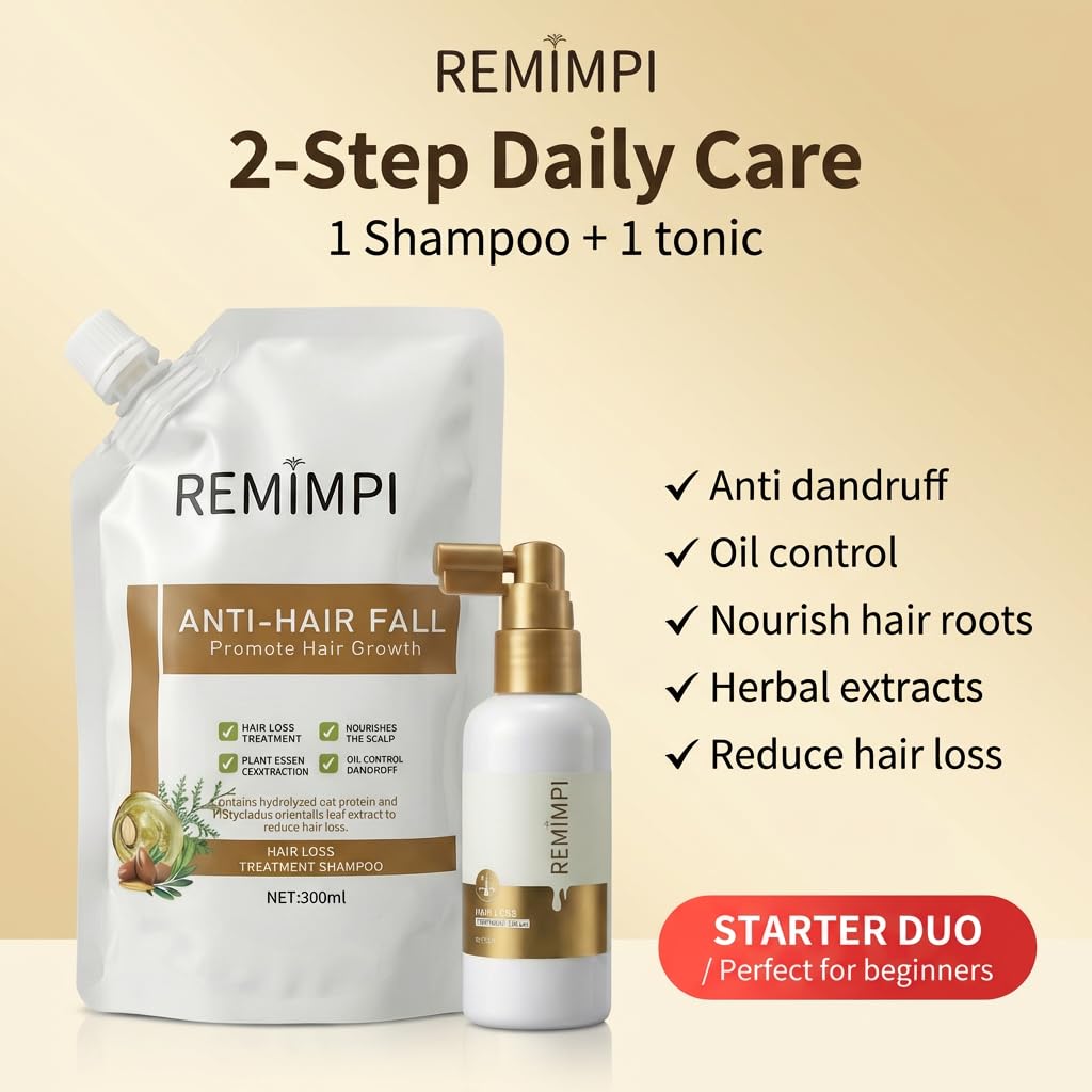 REMIMPI anti hair fall treatment shampoo pouch and growth tonic bottle