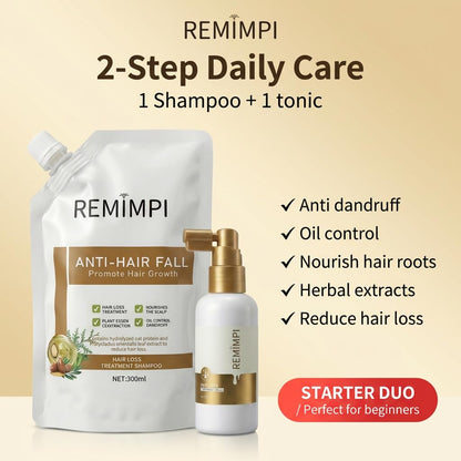 REMIMPI anti hair fall treatment shampoo pouch and growth tonic bottle