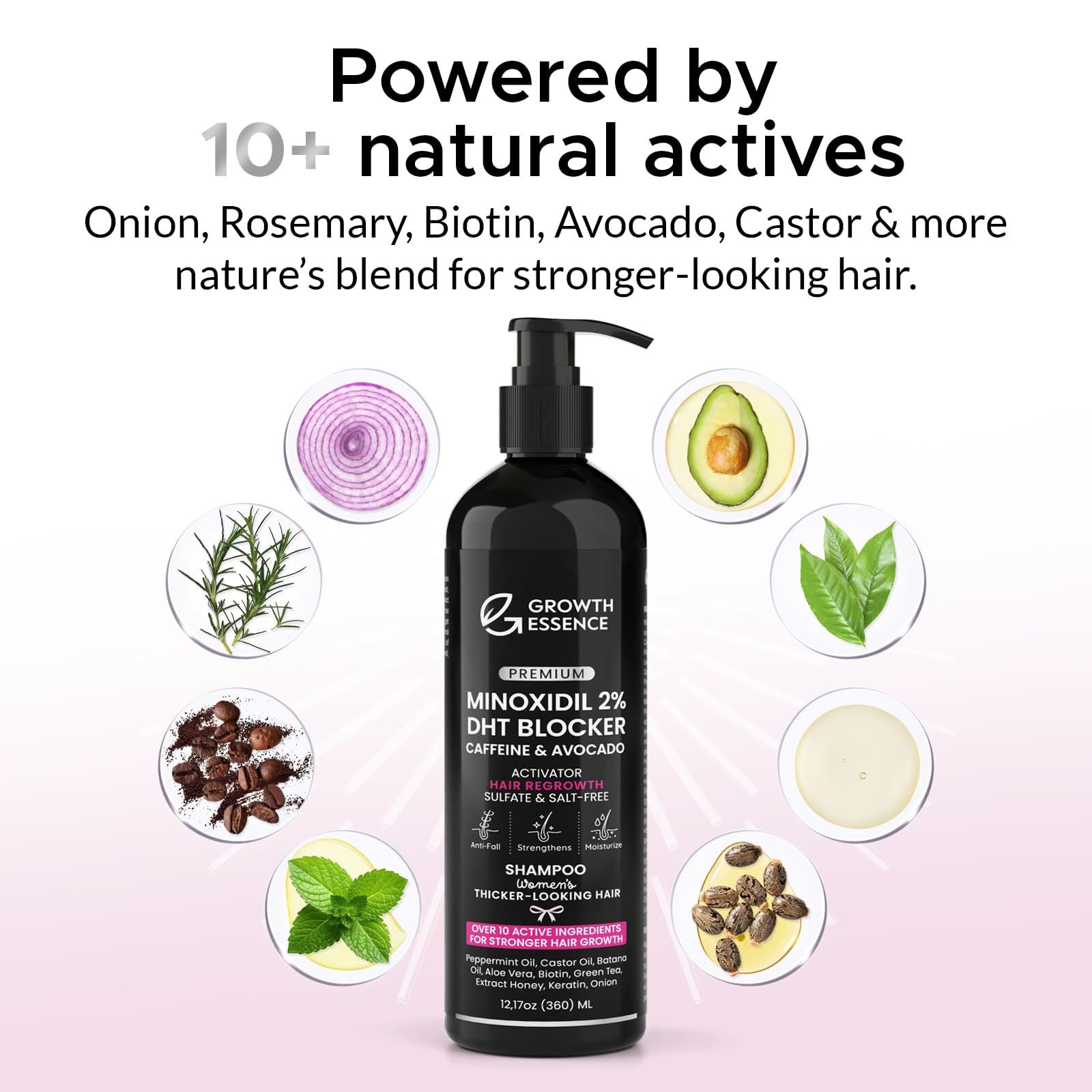 Growth Essence sulfate free 2 percent Minoxidil and Biotin shampoo close up look