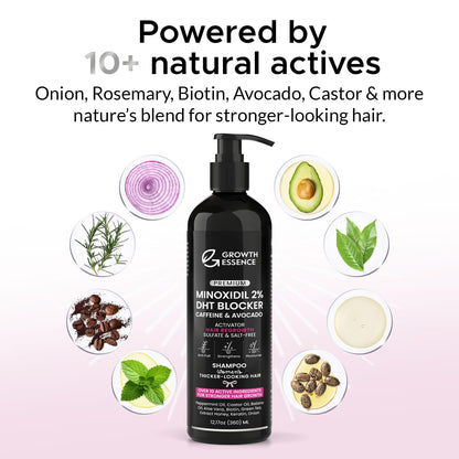 Growth Essence sulfate free 2 percent Minoxidil and Biotin shampoo close up look