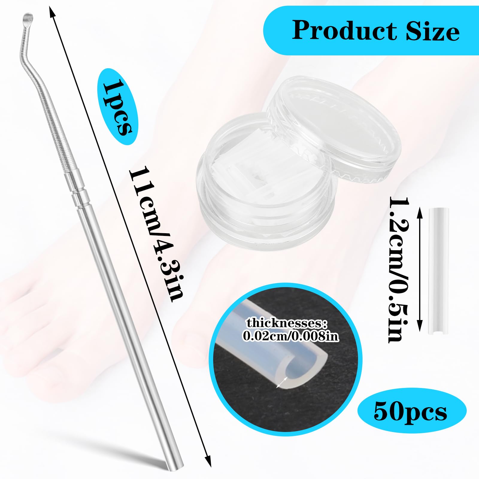 Close up of 50 C-shaped ingrown toenail correction strips