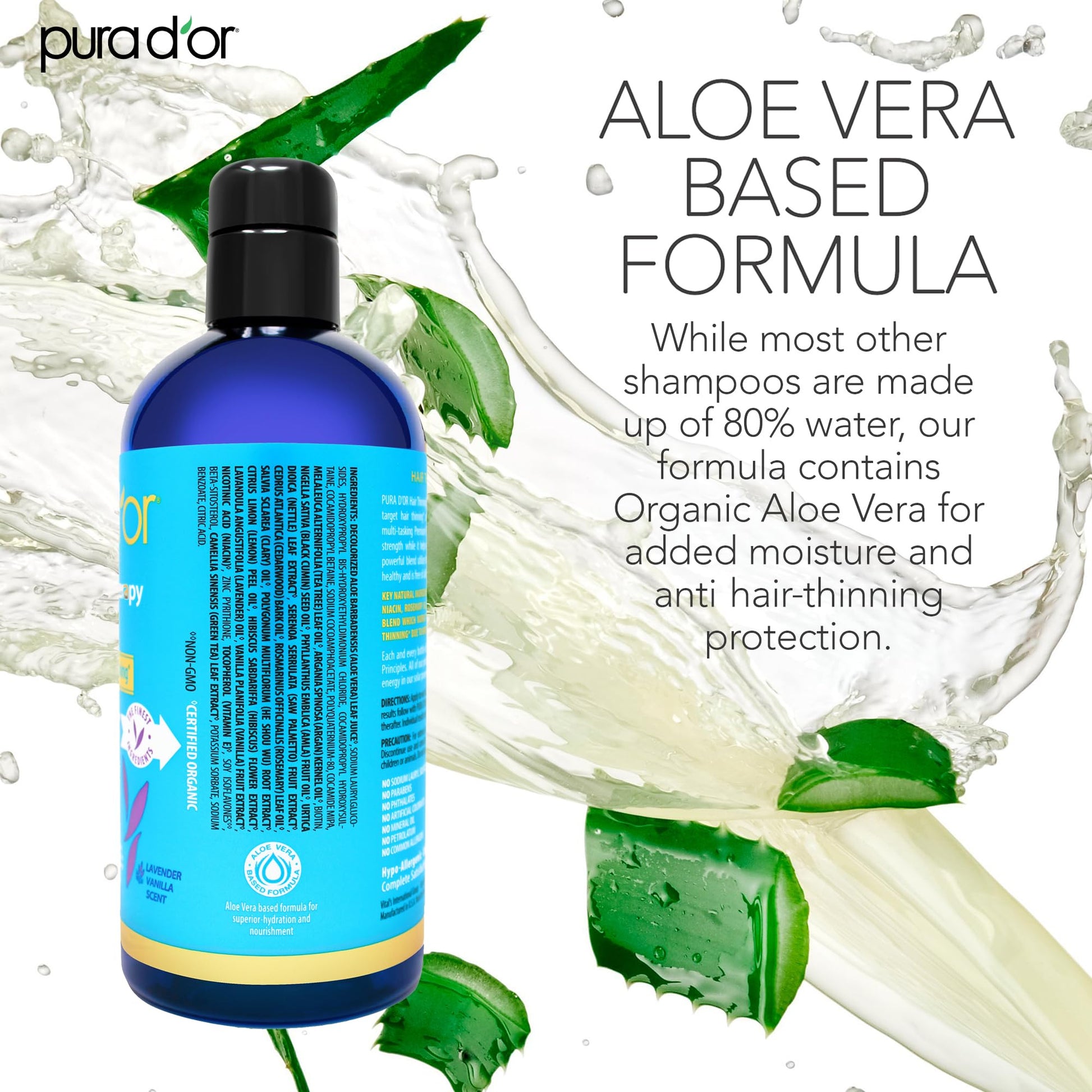 PURA D'OR daily routine biotin shampoo close up showing texture text and clinical testing certification marks