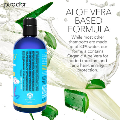 PURA D'OR daily routine biotin shampoo close up showing texture text and clinical testing certification marks