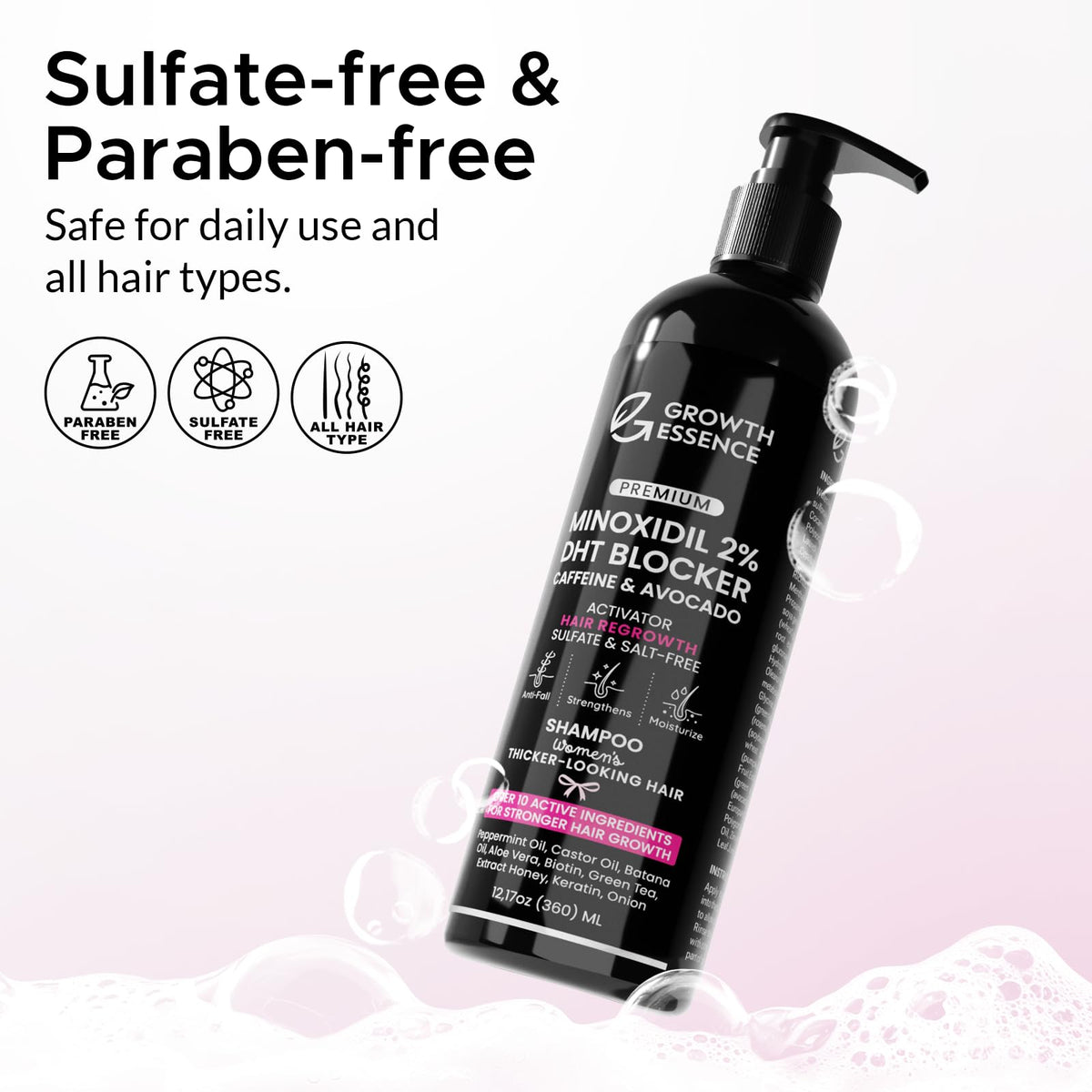 Lifestyle flatlay of hair care shampoo bottle on clean background