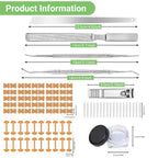 Stainless steel toenail lifter and file tools from the professional pedicure kit arranged cleanly on a neutral background
